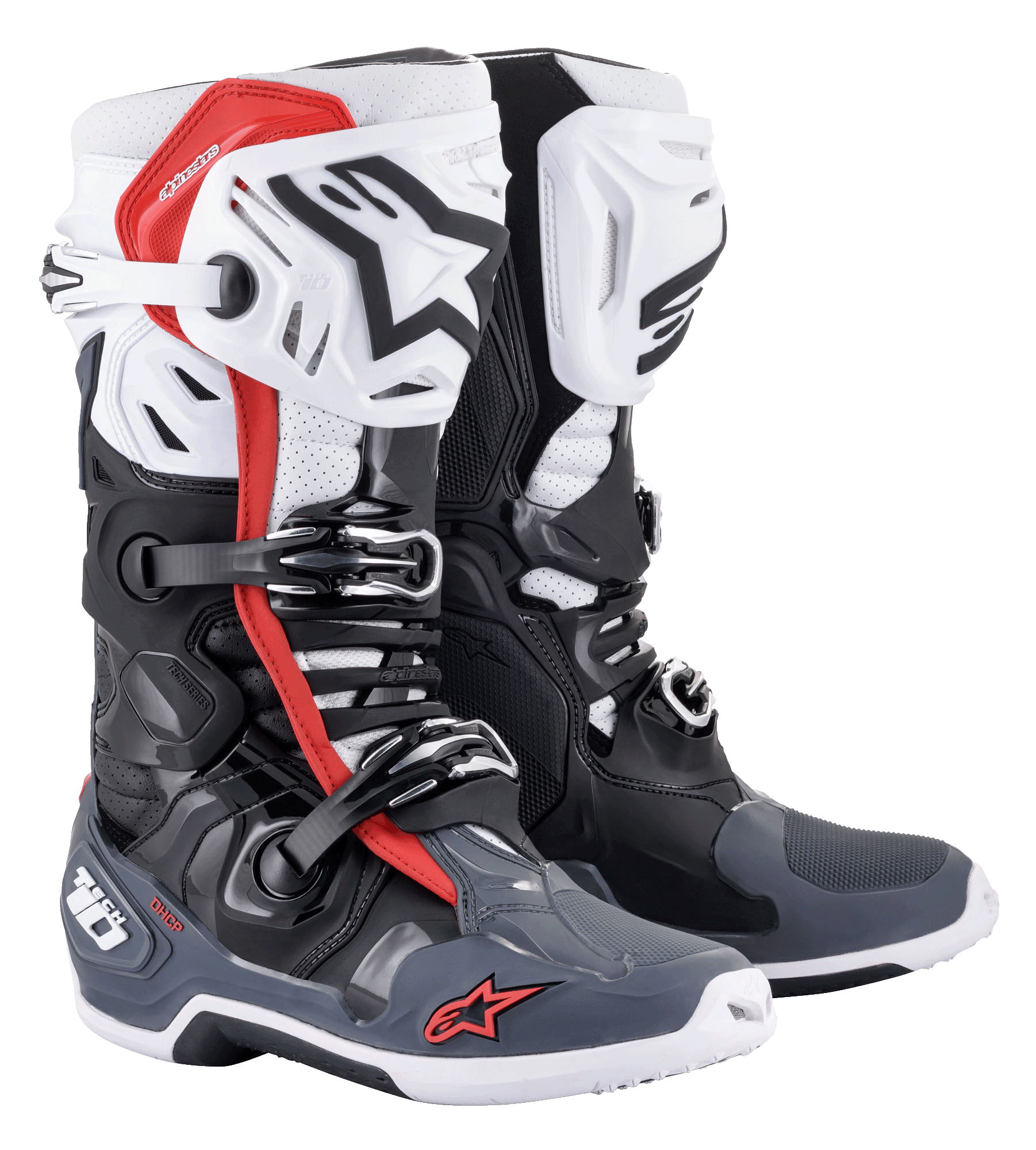 Alpinestars Tech 10 Supervented Stiefel, Motocross-Stiefel, Schwarz, Weiß, Mittelgrau und Rot, mit belüfteten Schienbeinplatten, perforierter Mikrofaser-Konstruktion für Luftzirkulation, Mehrfach-Schnallenverschlusssystem und Alpinestars-Logo an Zehen und Ferse.