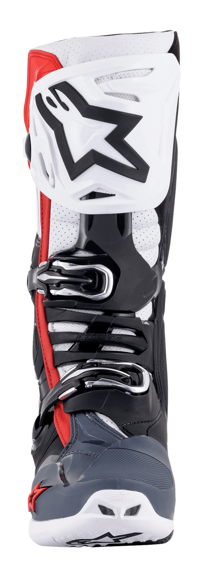 Alpinestars Tech 10 Supervented Stiefel, Vorderansicht, Schwarz, Weiß, Mittelgrau und Rot, belüftete Schienbeinplatte mit großem schwarzem Stern-Logo, mikroverstellbares Schnallensystem, perforierte Zonen für Luftstrom und strapazierfähiges TPU-Schutzchassis für Motocross.