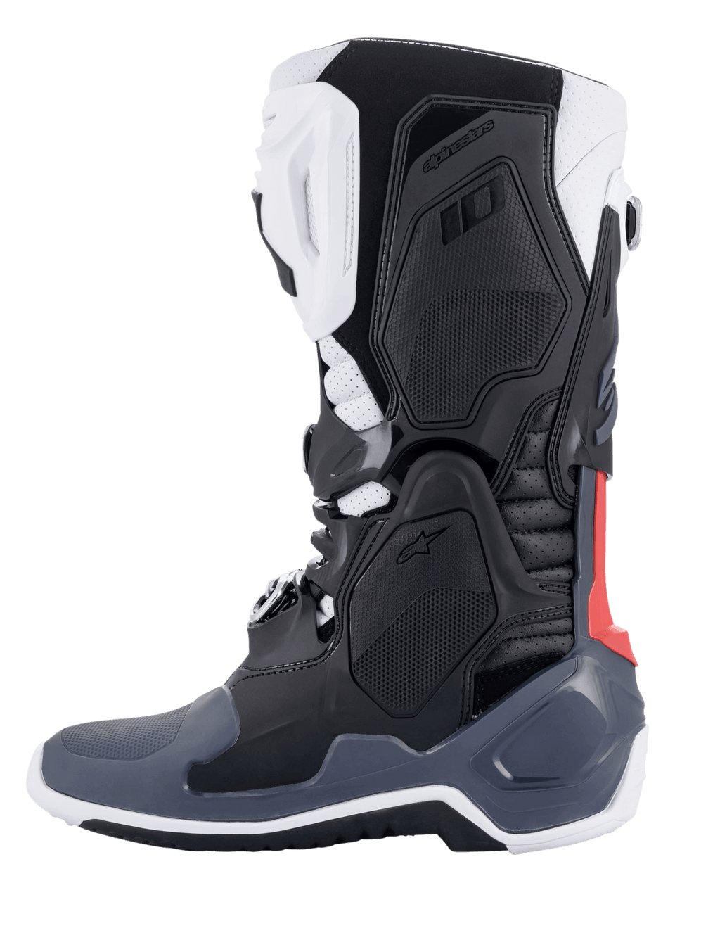 Alpinestars Tech 10 Supervented Stiefel, Motocross-Stiefel, Schwarz, Weiß, Mittelgrau und Rot, Seitenprofil, mit belüfteten TPU-Panelen, perforierter Mikrofaser-Konstruktion und Hochleistungssohle für Offroad-Einsätze