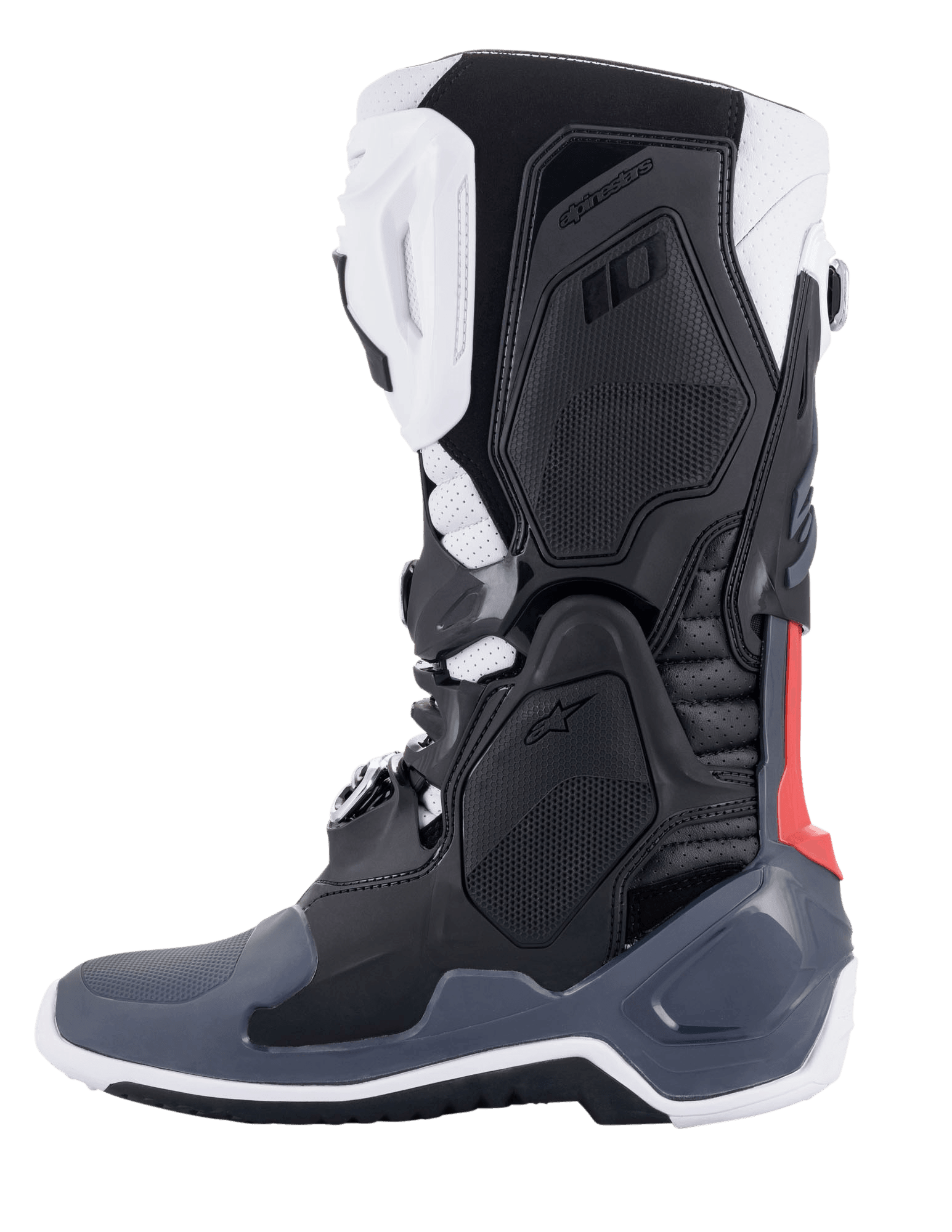 Alpinestars Tech 10 Supervented Stiefel, Motocross-Stiefel, Schwarz, Weiß, Mittelgrau und Rot, Seitenprofil, mit belüfteten TPU-Panelen, perforierter Mikrofaser-Konstruktion und Hochleistungssohle für Offroad-Einsätze