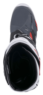 Alpinestars Tech 10 Supervented Stiefel, Motocross-Stiefel, Schwarz, Weiß, Mittelgrau und Rot, Draufsicht mit Blick in das Mesh-Innenfutter und den gepolsterten Kragen, technisches Design für hohe Belüftung