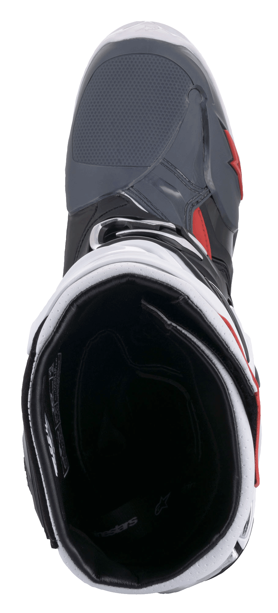 Alpinestars Tech 10 Supervented Stiefel, Motocross-Stiefel, Schwarz, Weiß, Mittelgrau und Rot, Draufsicht mit Blick in das Mesh-Innenfutter und den gepolsterten Kragen, technisches Design für hohe Belüftung