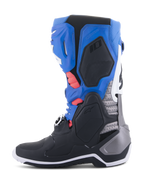 Alpinestars Tech 10 Supervented Boots, Motocross Boots, Black Enamel Blue Purple White, side view featuring blue and black panels with silver accents, coral red interior padding visible through ventilation ports, advanced off-road racing design