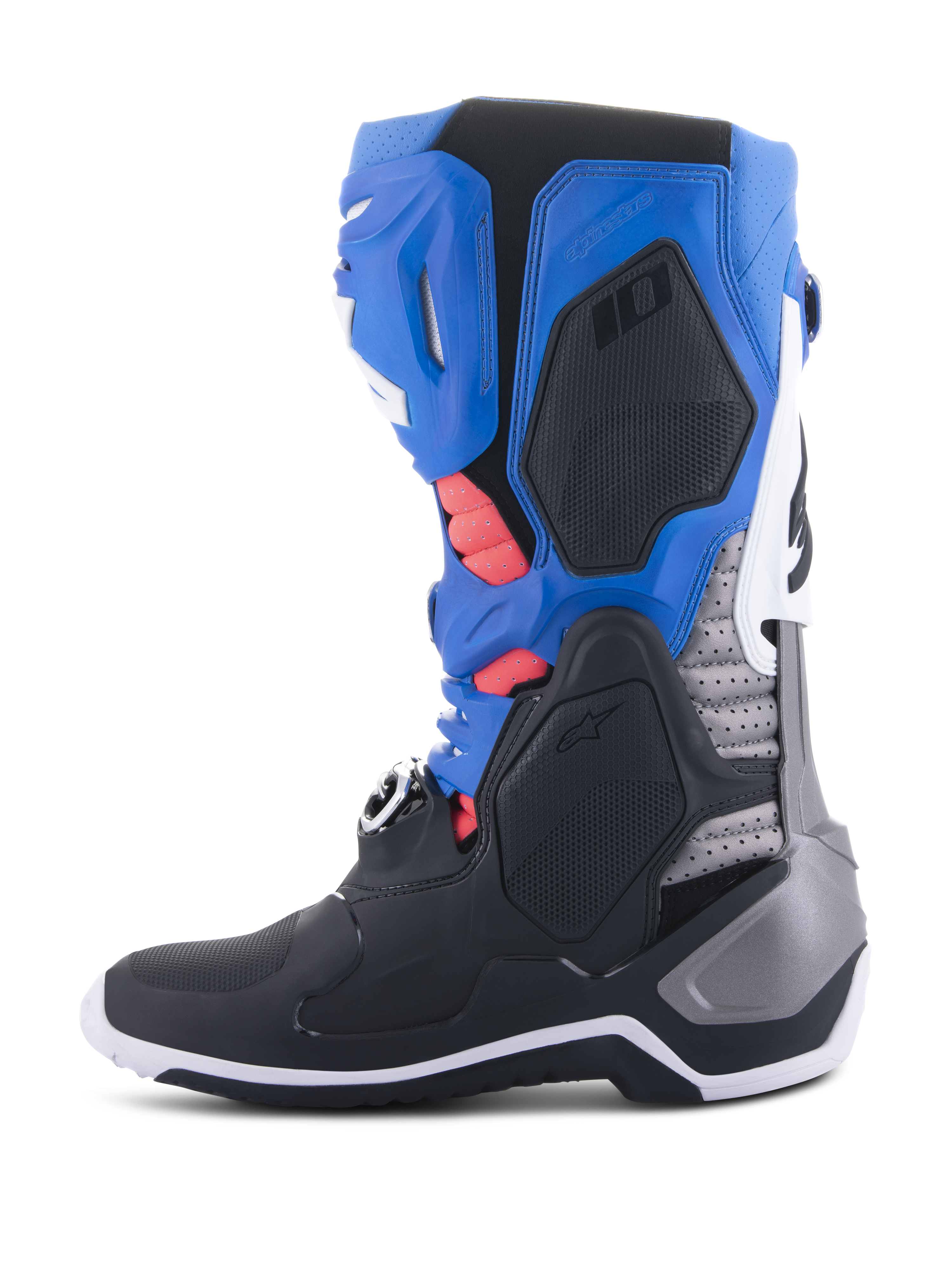 Alpinestars Tech 10 Supervented Boots, Motocross Boots, Black Enamel Blue Purple White, side view featuring blue and black panels with silver accents, coral red interior padding visible through ventilation ports, advanced off-road racing design