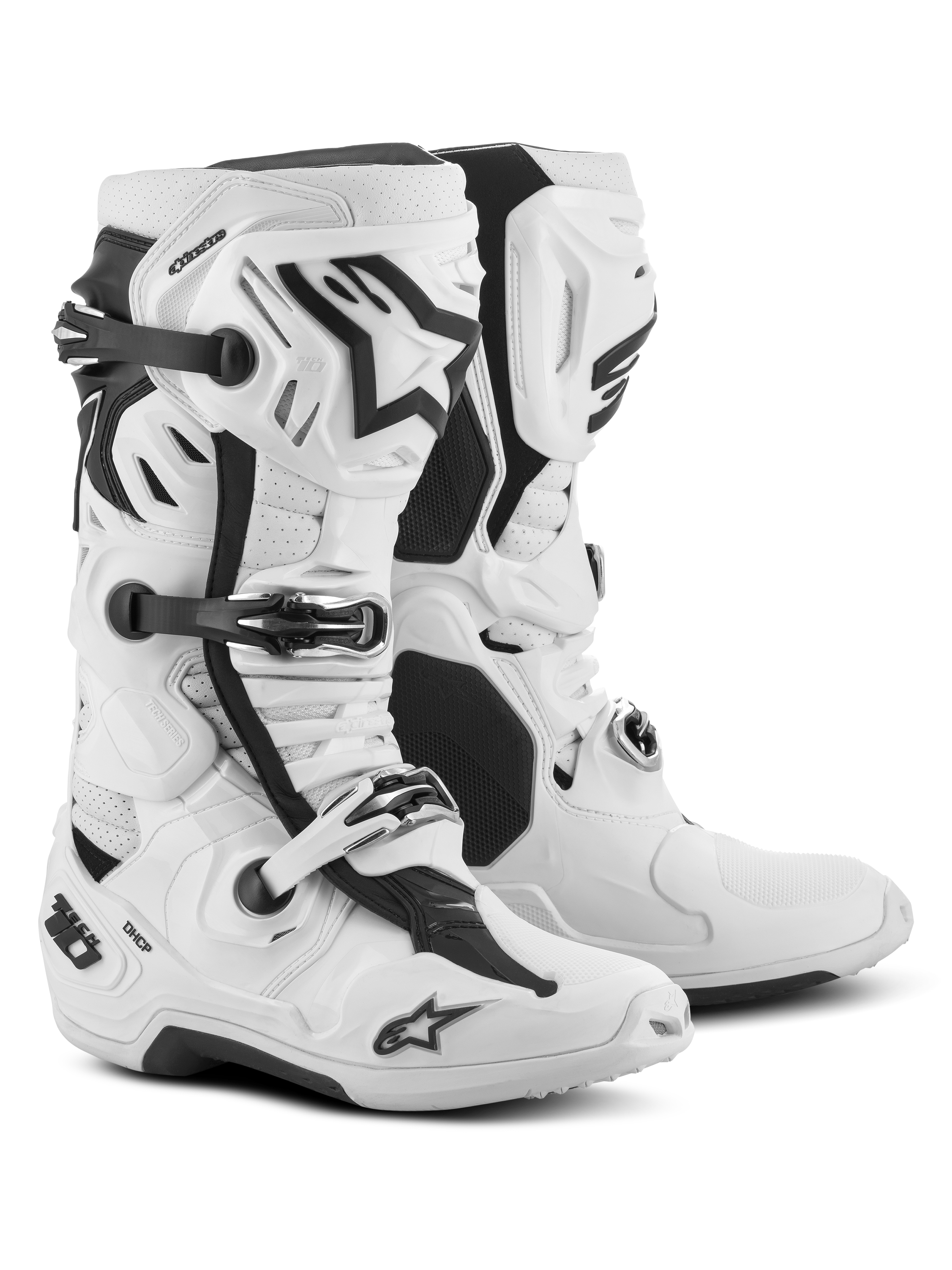 Alpinestars Tech 10 Supervented Boots, Motocross Boots, White, featuring front air inlet ports, ventilated shin plate, and adjustable buckle system, high-performance off-road racing footwear