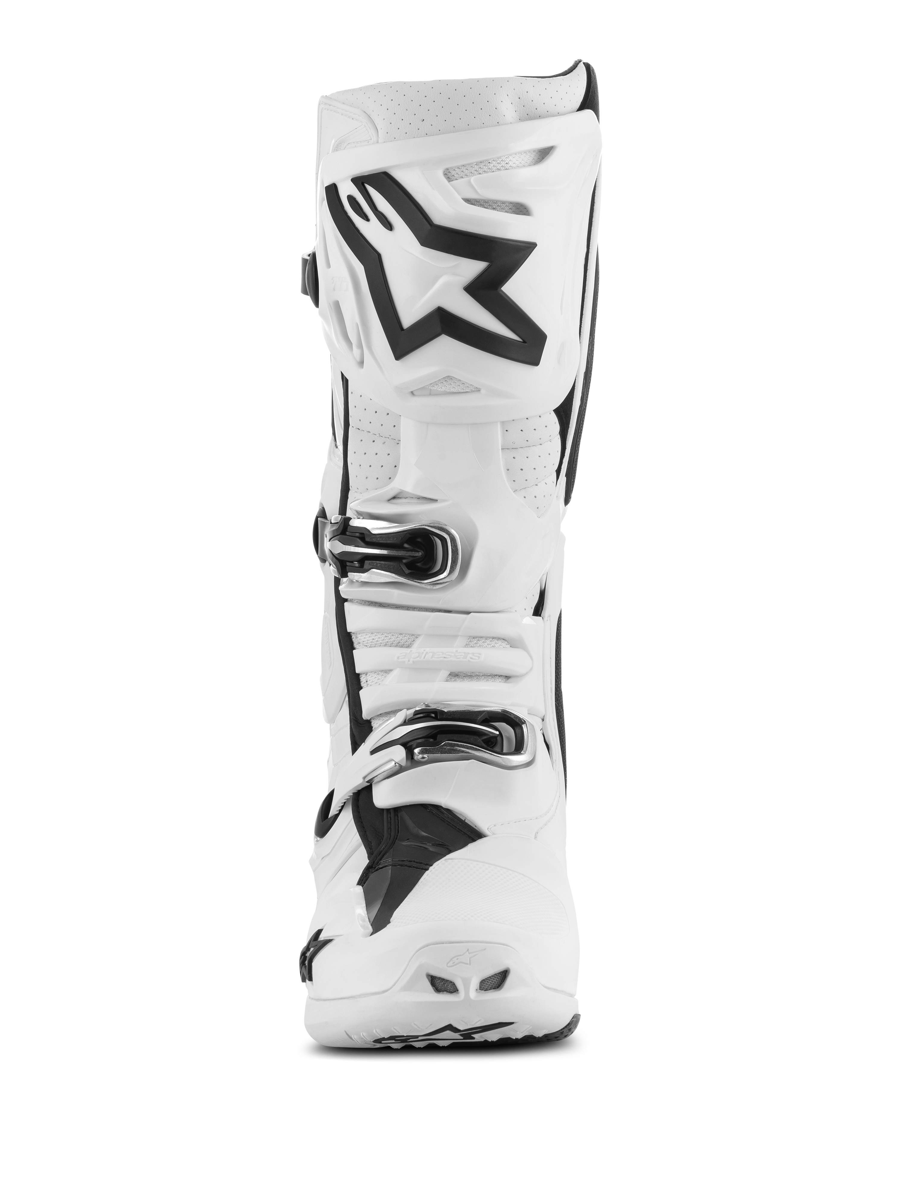 Alpinestars Tech 10 Supervented Boots, Motocross Boots, White with black accents, front view showing large black Astar logo on the shin plate, buckle closure system, and perforated sections for ventilation.