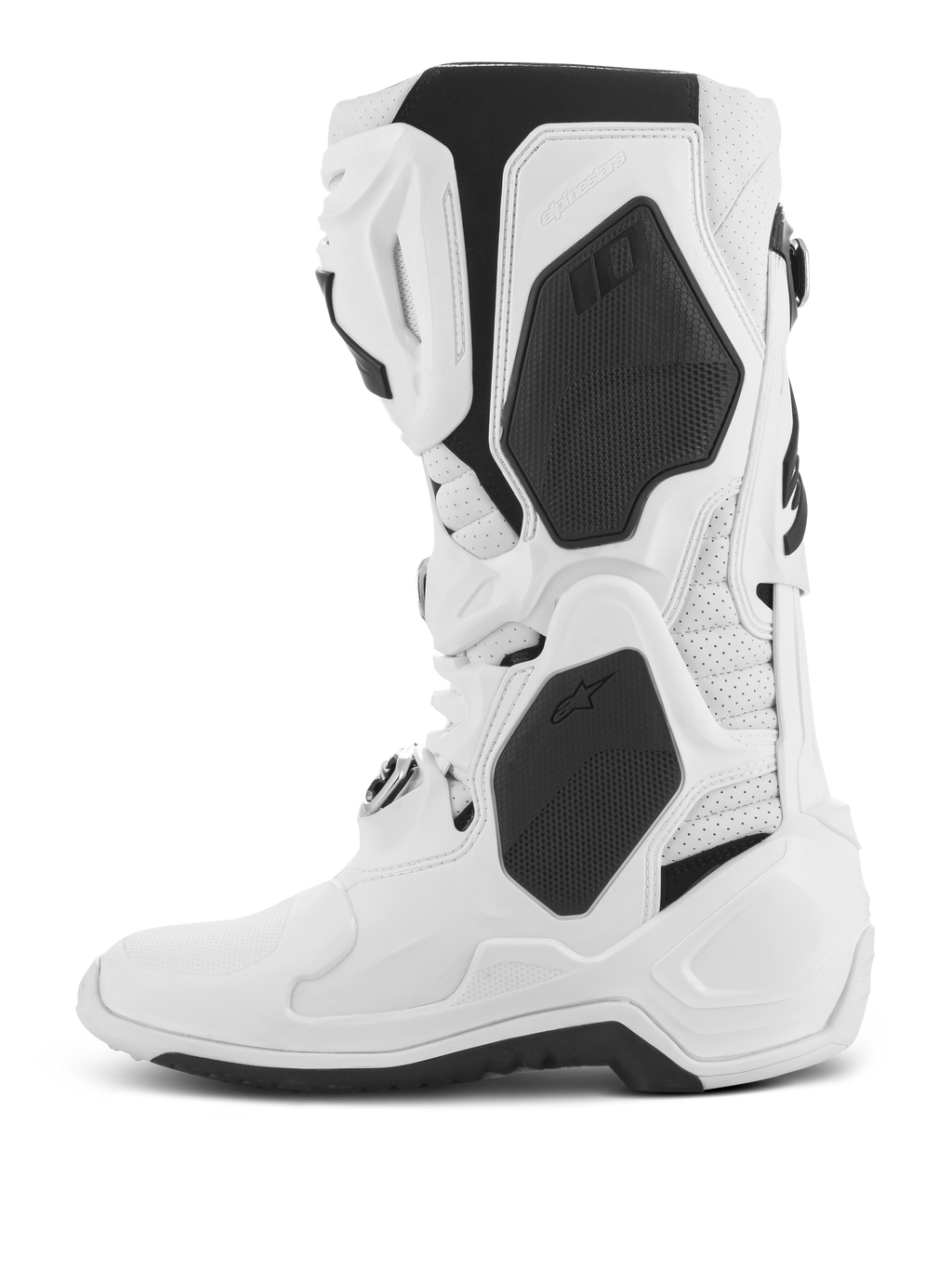 Alpinestars Tech 10 Supervented Boots, Motocross Boots, White, side profile view, featuring black TPU panels and perforated microfiber construction, ventilated shin plate for high airflow, professional off-road racing footwear