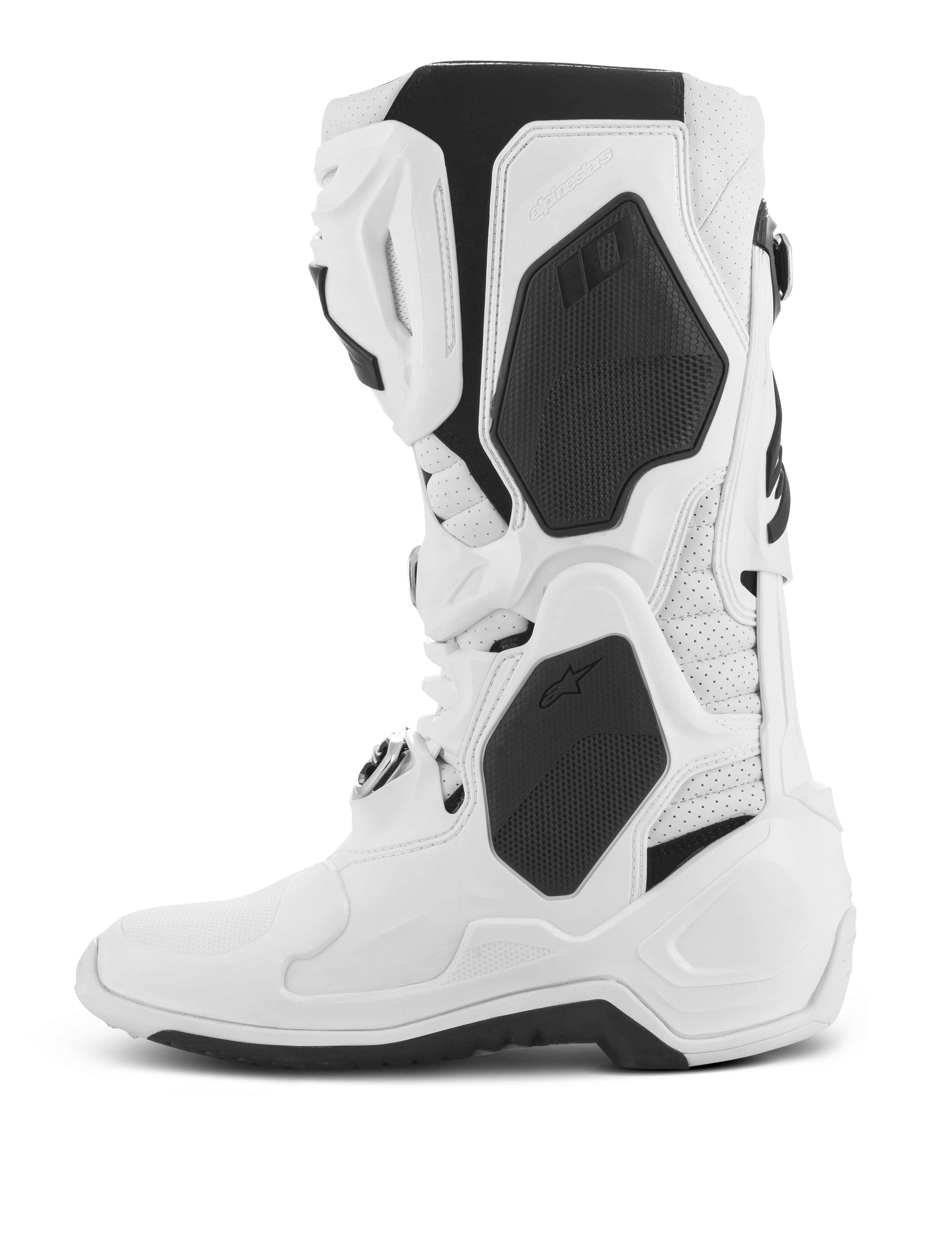 Alpinestars Tech 10 Supervented Boots, Motocross Boots, White, side profile view, featuring black TPU panels and perforated microfiber construction, ventilated shin plate for high airflow, professional off-road racing footwear