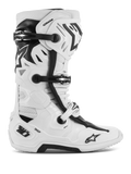 Alpinestars Tech 10 Supervented Boots, Motocross Off-Road Racing Boots, White and Black, featuring multiple adjustable buckles, perforated ventilation panels, and a rugged protective high-top design