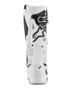 Alpinestars Tech 10 Supervented Boots, White Motocross Boots, Rear view featuring perforated microfiber for airflow, white TPU rear blade system, black star logo, and secure buckle closure, high-performance off-road footwear