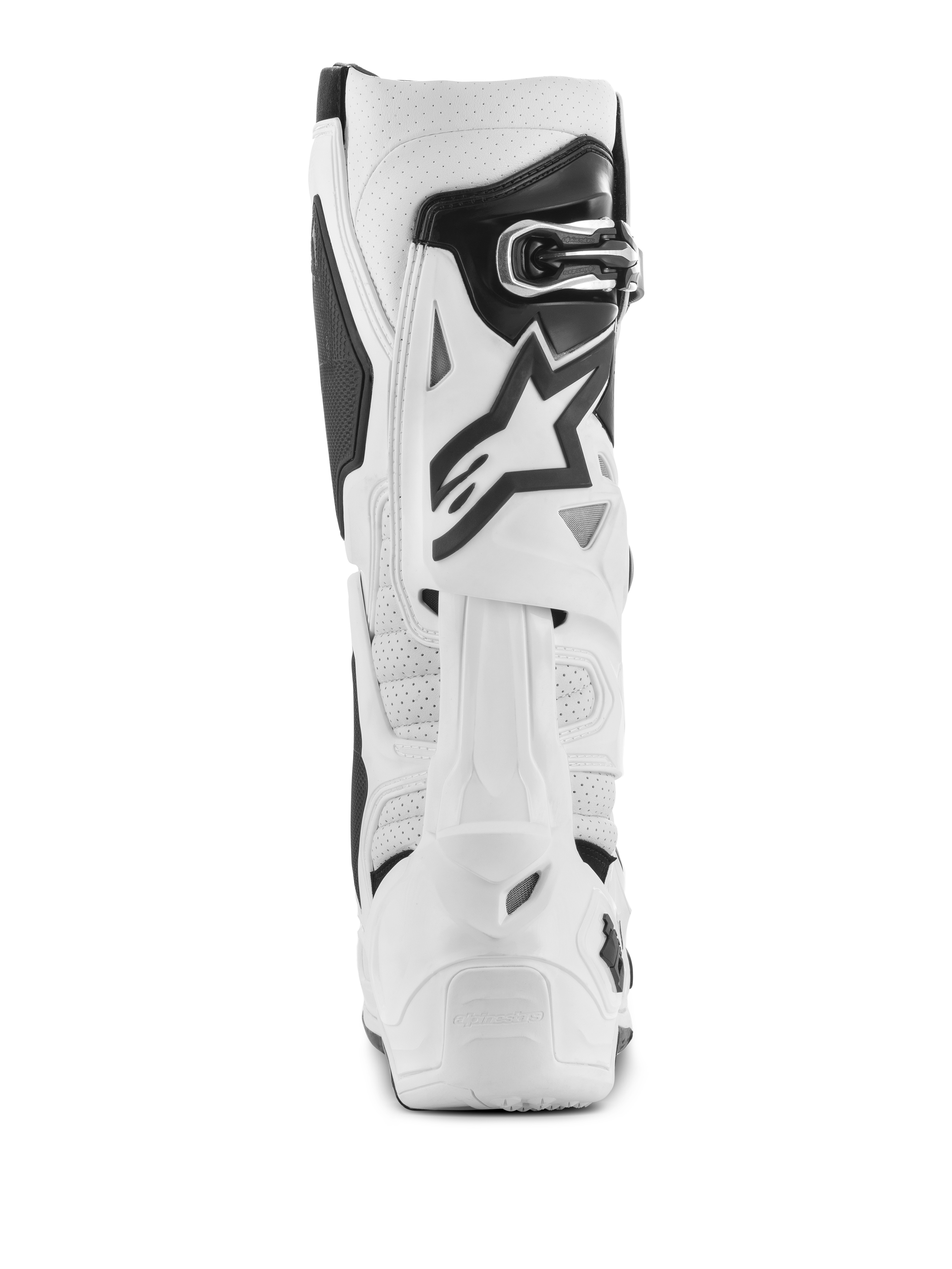 Alpinestars Tech 10 Supervented Boots, White Motocross Boots, Rear view featuring perforated microfiber for airflow, white TPU rear blade system, black star logo, and secure buckle closure, high-performance off-road footwear