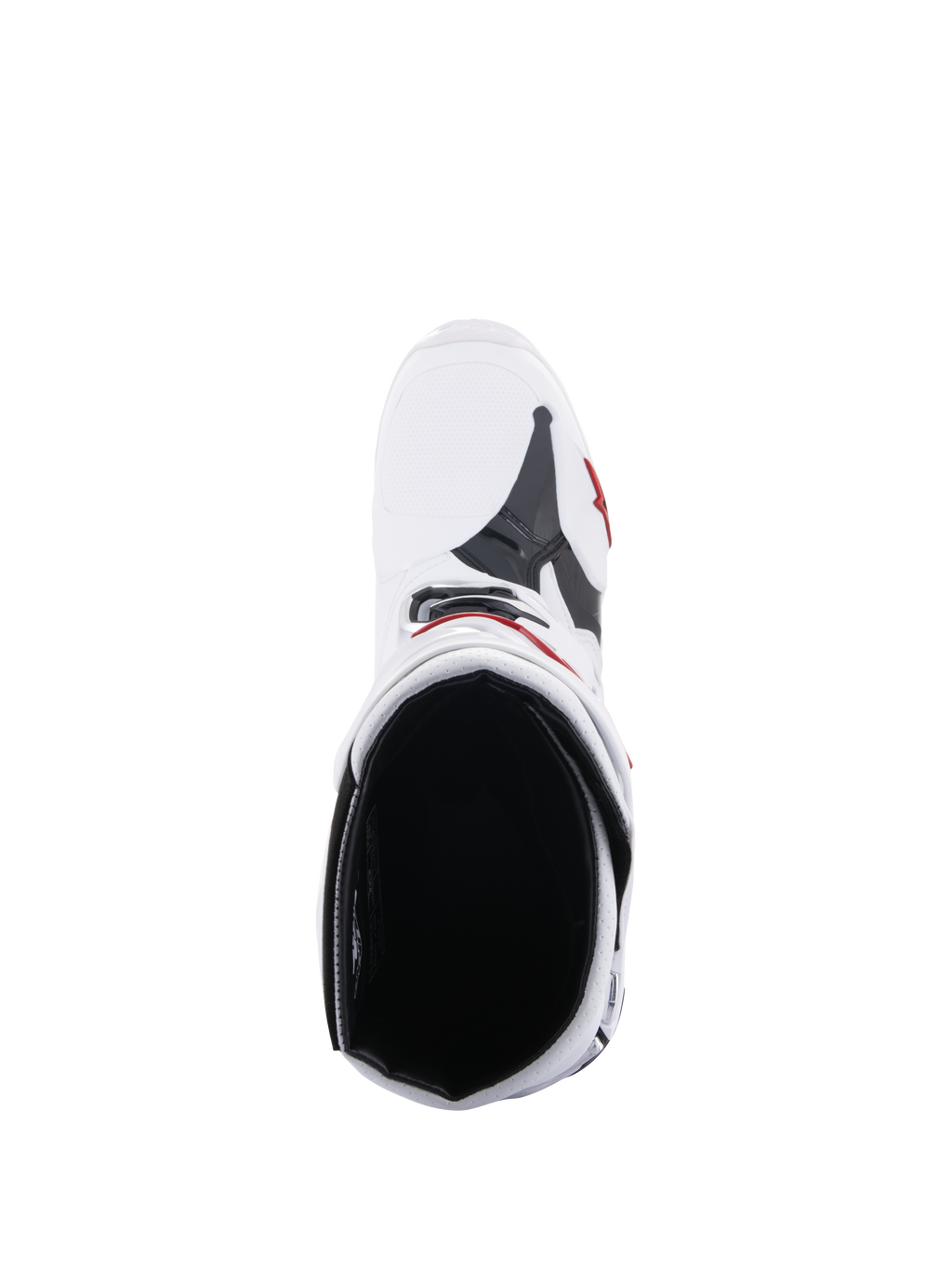 Alpinestars Tech 10 Supervented Boots, Motocross Boots, White and Bright Red, top-down view showing the interior mesh lining and ventilated upper construction, high-performance off-road racing gear