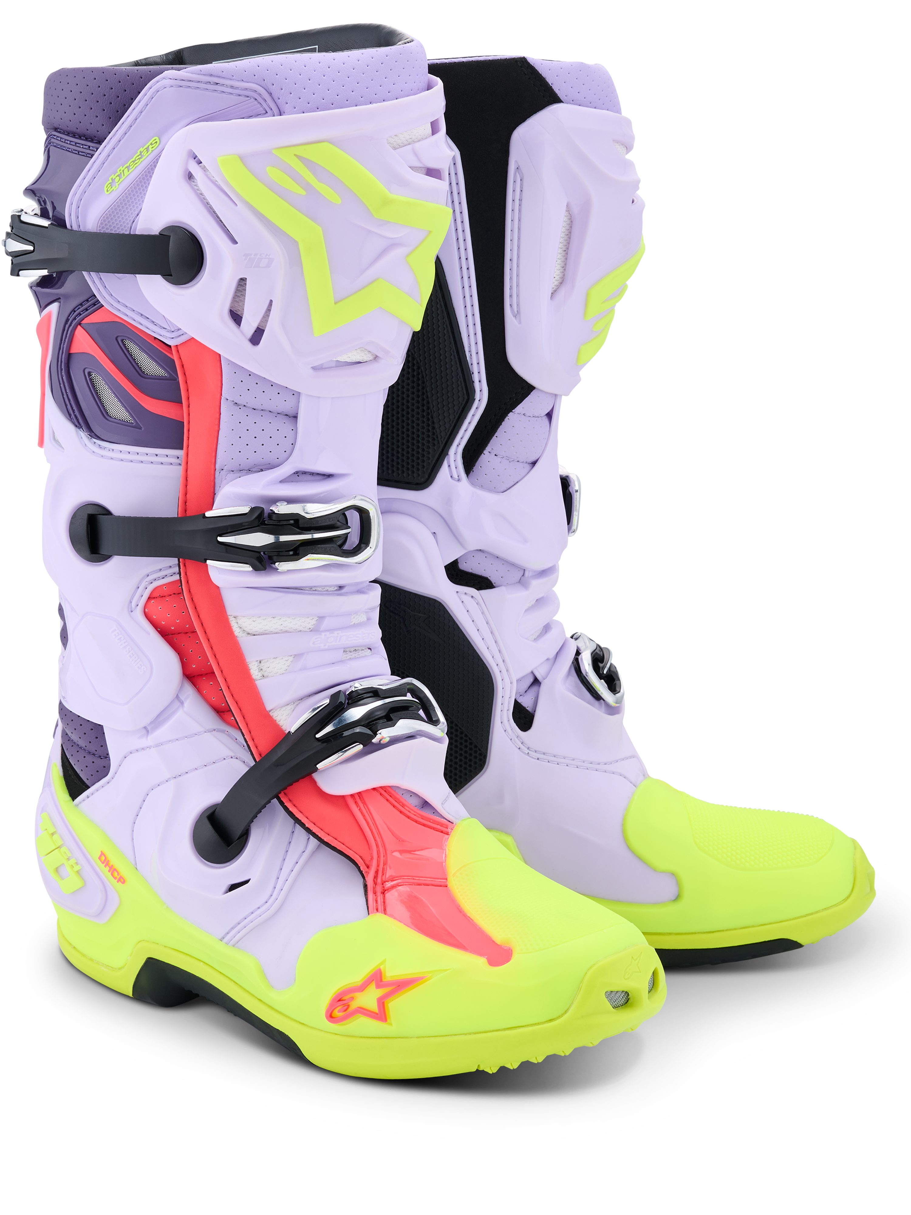 Alpinestars Tech 10 Supervented Boots, Motocross Boots, Purple Yellow Fluo and Diva Pink, featuring perforated microfiber construction for maximum airflow, mechanical buckle system, bright neon yellow toe and sole, and vibrant pink accents.