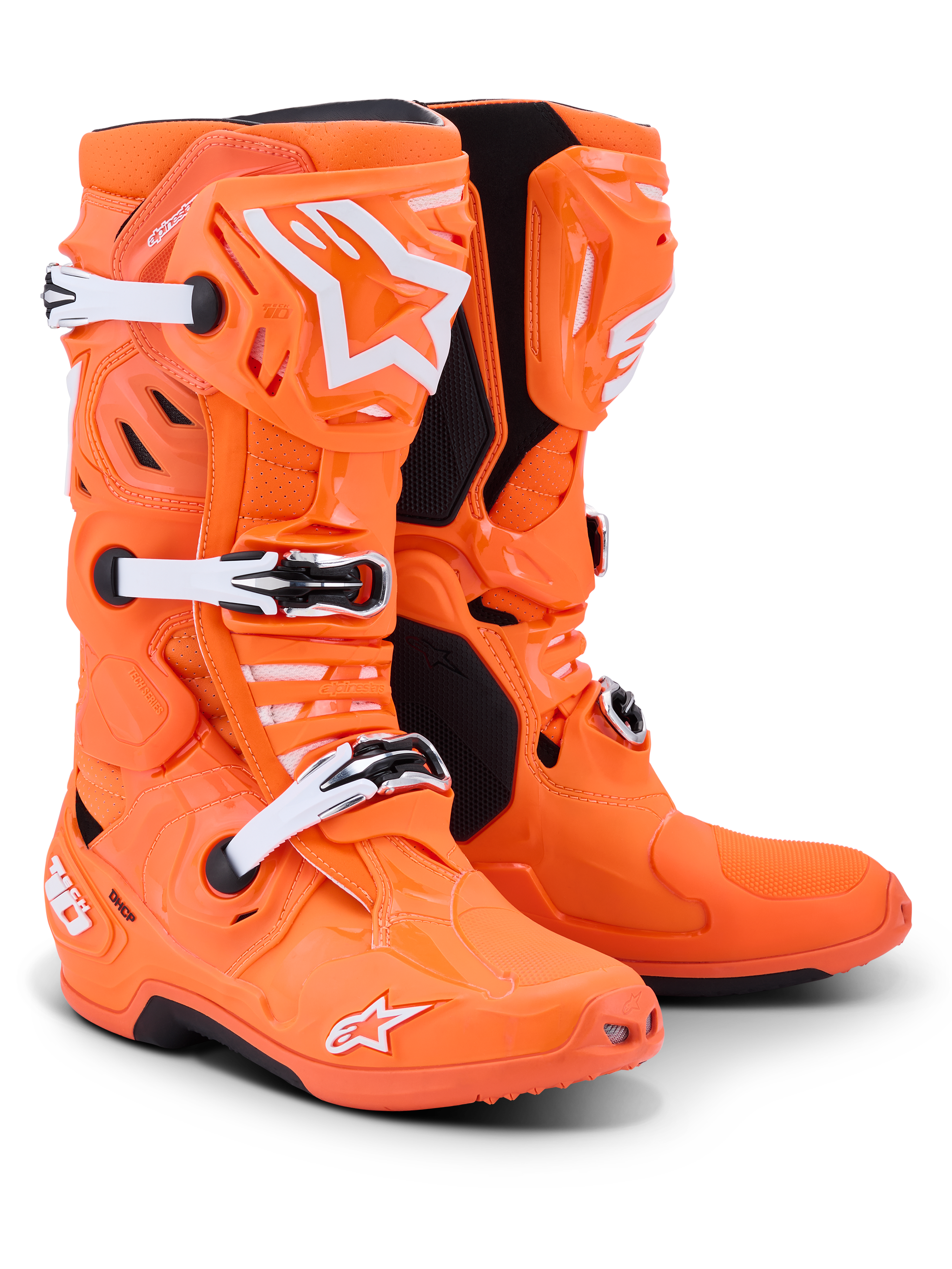 Alpinestars Tech 10 Supervented Stiefel, Motocross-Stiefel, Orange Fluo mit weißen und schwarzen Akzenten, mit weißen verstellbaren Schnallen, belüfteter TPU-Schienbeinplatte und markantem Alpinestars-Logo, Hochleistungs-Schuhwerk für Offroad-Rennsport