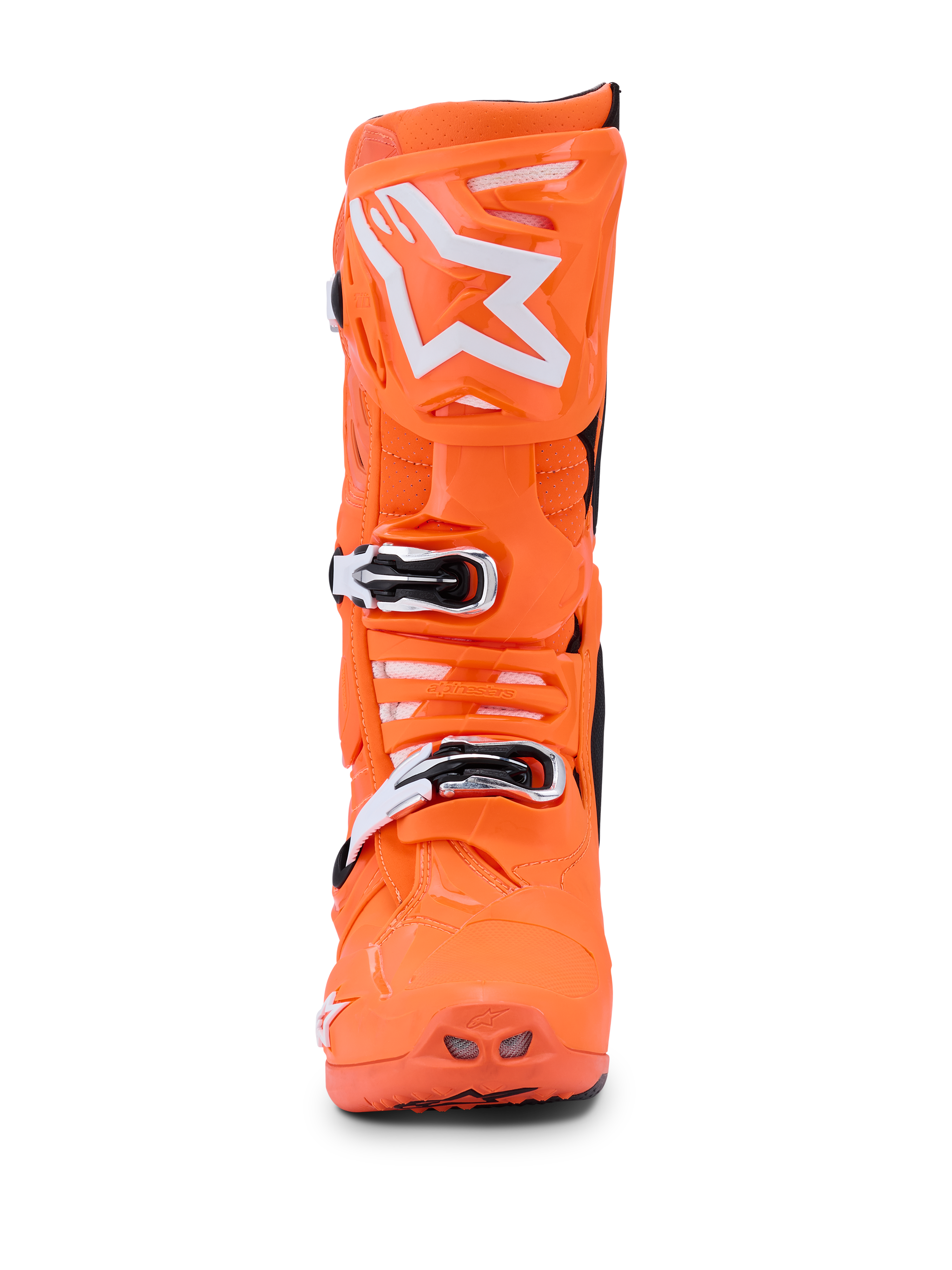 Alpinestars Tech 10 Supervented Stiefel, Orange Fluo Schwarz Weiß, Vorderansicht eines einzelnen leuchtend neonorangen Motocross-Stiefels, weißes Alpinestars Stern-Logo auf der Schienbeinplatte, mechanische Schnallen und perforierte Belüftungsöffnungen für Offroad-Performance.