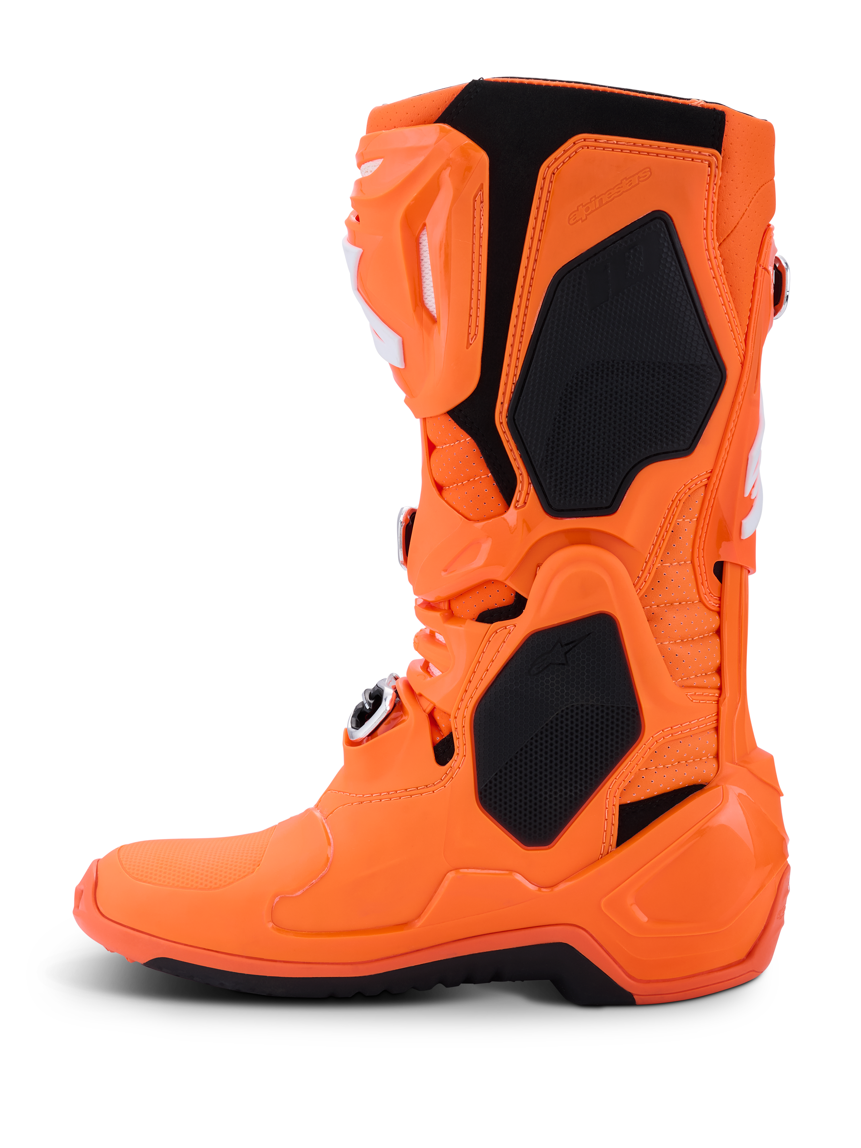 Alpinestars Tech 10 Supervented Stiefel, Motocross-Stiefel, Orange Fluo und Schwarz, Seitenansicht, mit belüfteter TPU-Schale, Mesh-Einsätzen für Luftzirkulation und verstellbarem Schnallensystem, Hochleistungs-Offroad-Rennausrüstung