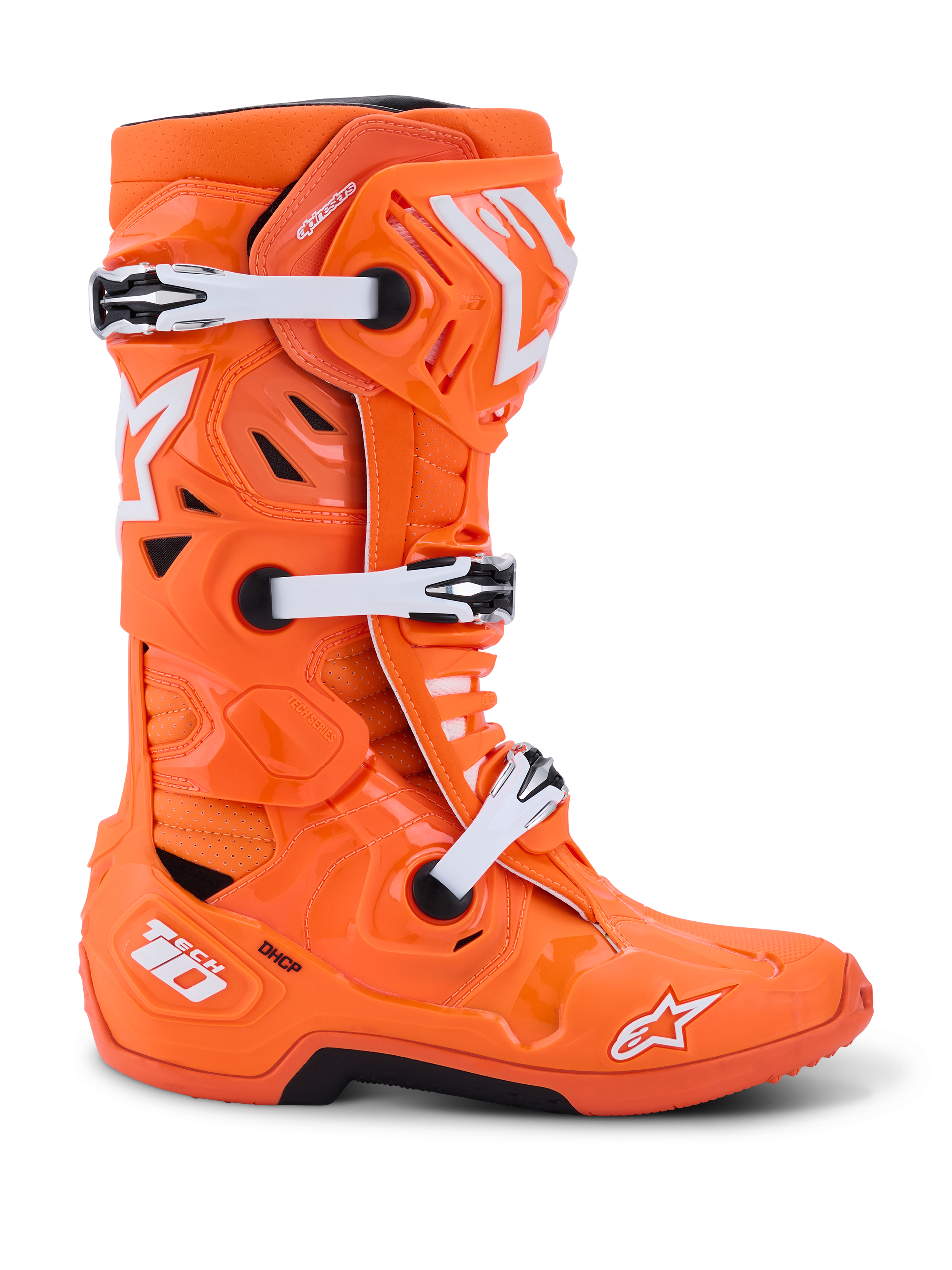 Alpinestars Tech 10 Supervented Stiefel, Motocross-Stiefel, Orange Fluo und Weiß, Seitenansicht mit weißen mechanischen Schnallen und schwarzen Akzenten, belüftetes Design mit perforierten Paneelen, erstklassiges schützendes Rennschuhwerk