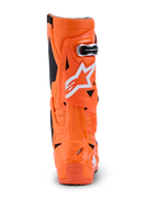 Alpinestars Tech 10 Supervented Stiefel, Orange Fluo Schwarz Weiß, Rückansicht mit dem rückseitigen Profil, starre TPU-Schale mit weißem Alpinestars-Logo, professionelles Motocross-Performance-Schuhwerk