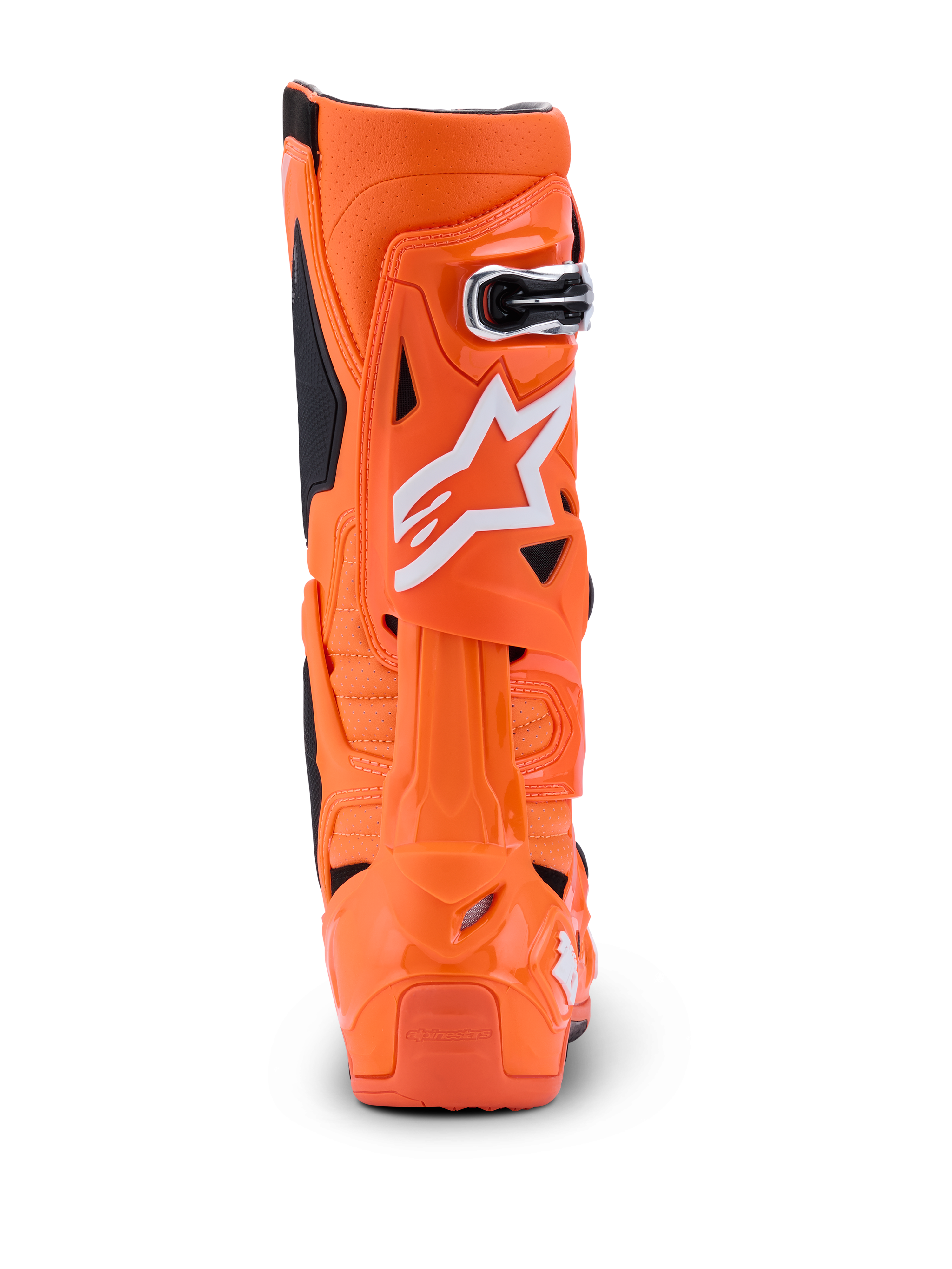 Alpinestars Tech 10 Supervented Stiefel, Orange Fluo Schwarz Weiß, Rückansicht mit dem rückseitigen Profil, starre TPU-Schale mit weißem Alpinestars-Logo, professionelles Motocross-Performance-Schuhwerk