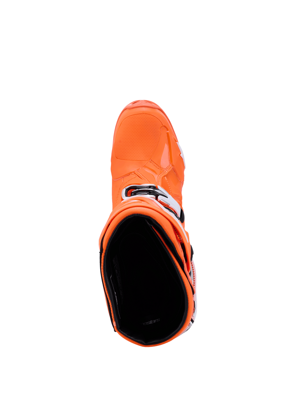 Alpinestars Tech 10 Supervented Stiefel, Fluo-Orange Schwarz Weiß, Draufsicht mit Blick in das Stiefelinnere, zeigt die strukturierte Zehenbox und die seitlichen Schnallen, fortschrittliches Motocross-Rennschuhwerk