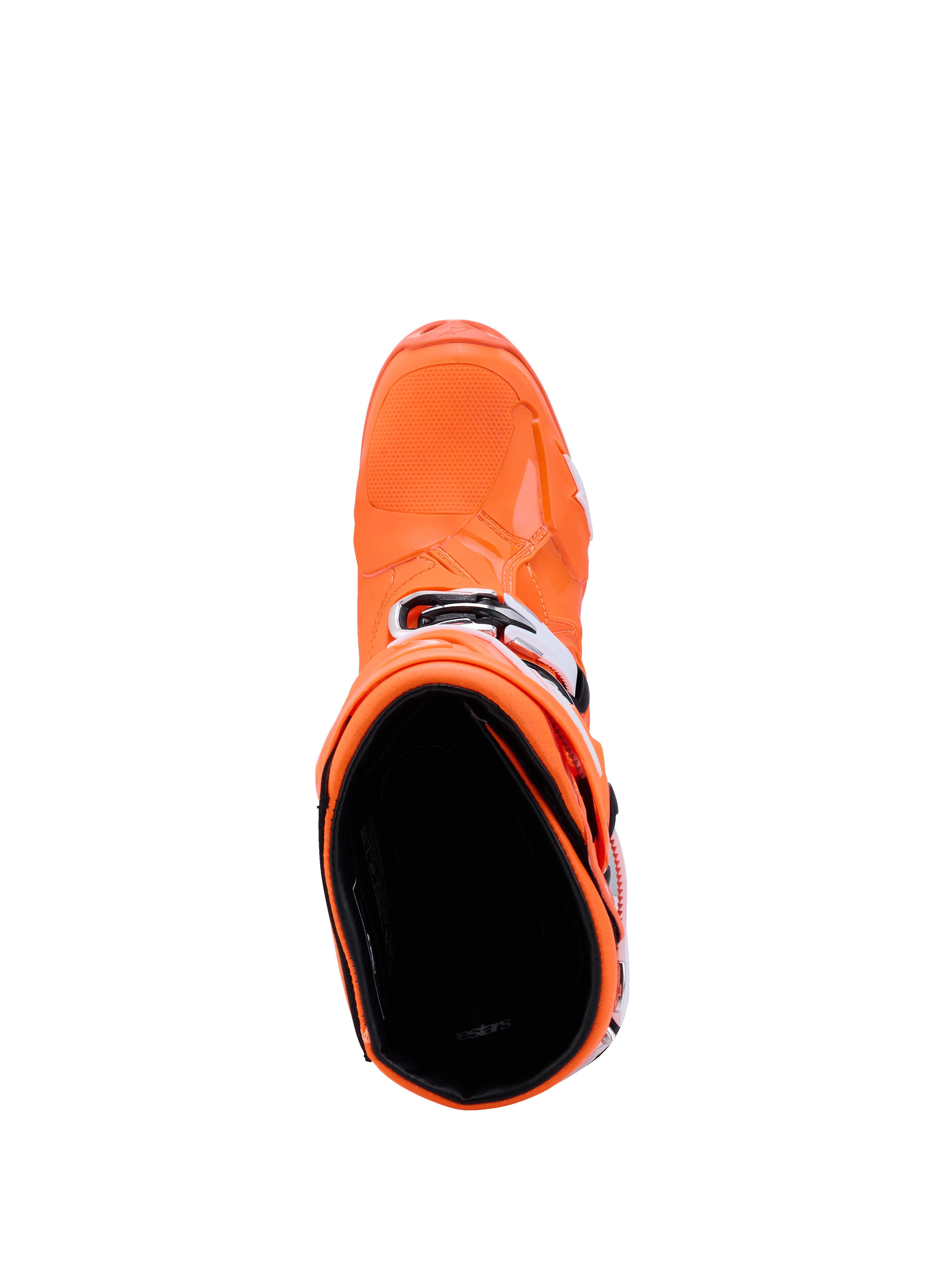 Alpinestars Tech 10 Supervented Stiefel, Fluo-Orange Schwarz Weiß, Draufsicht mit Blick in das Stiefelinnere, zeigt die strukturierte Zehenbox und die seitlichen Schnallen, fortschrittliches Motocross-Rennschuhwerk
