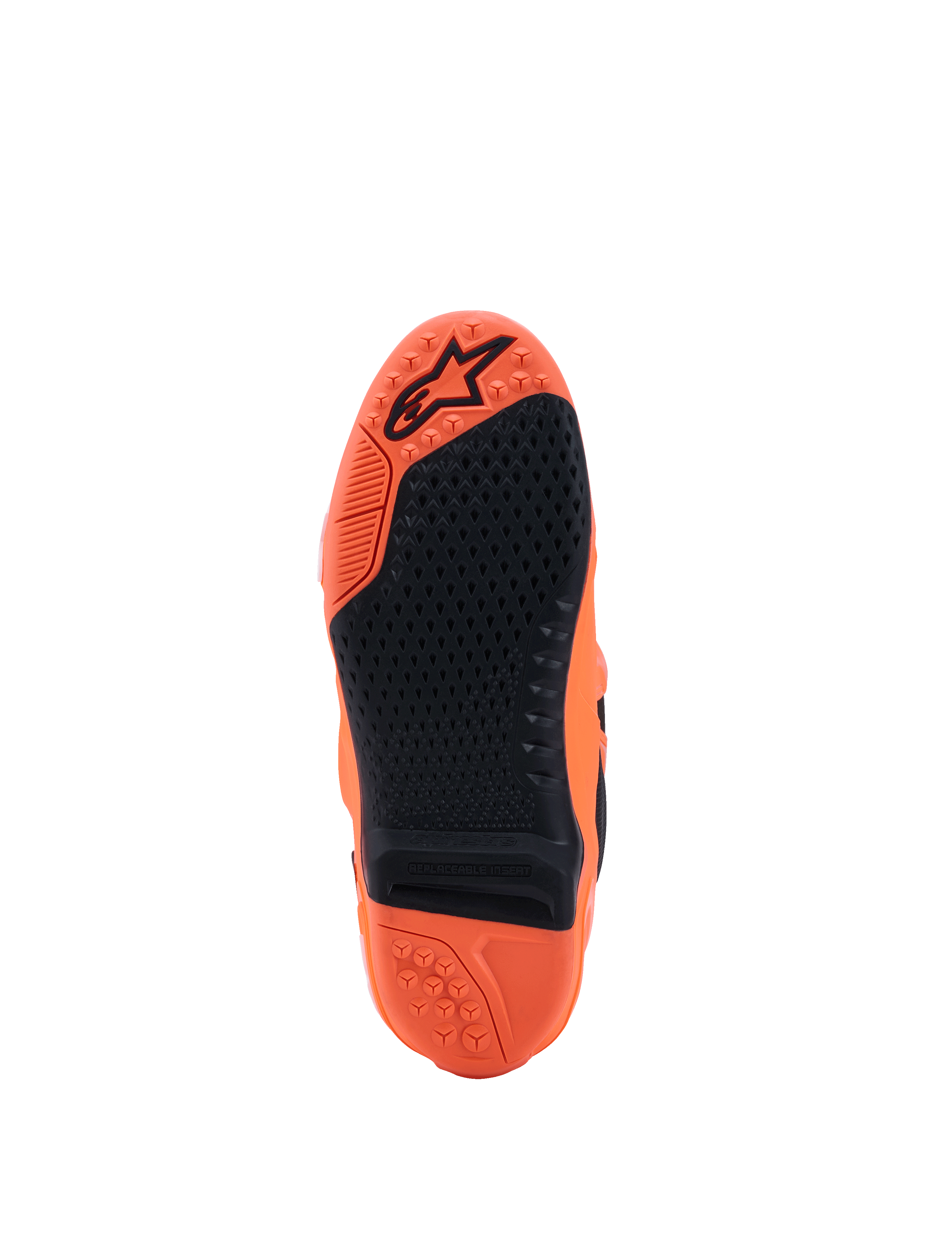 Alpinestars Tech 10 Supervented Stiefel, Orange Fluo und Schwarz, Sohlenansicht mit texturiertem schwarzem Gummiprofil, austauschbarem Sohleneinsatz und geprägtem Logo auf der orangefarbenen Sohle, entwickelt für Motocross-Performance.