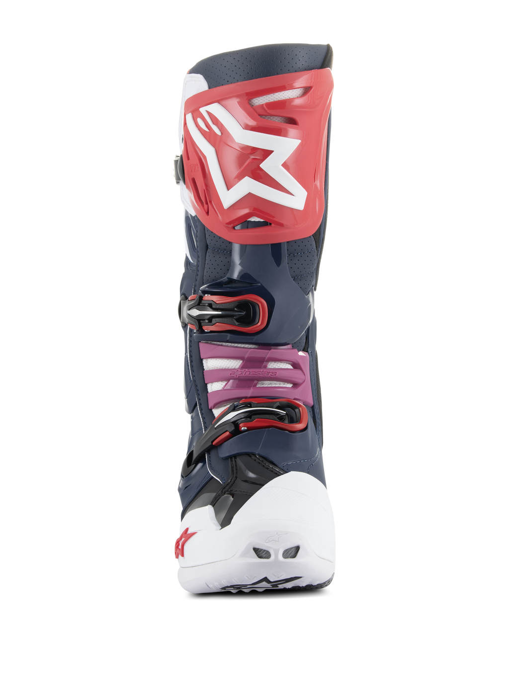 Alpinestars Tech 10 Supervented Stiefel, Motocross-Stiefel, Night Navy White Rainbow, Vorderansicht mit roter Schienbeinplatte und weißem Logo, weißer belüfteter Zehenbox und navyblauer perforierter Mikrofaser-Konstruktion für maximale Belüftung.
