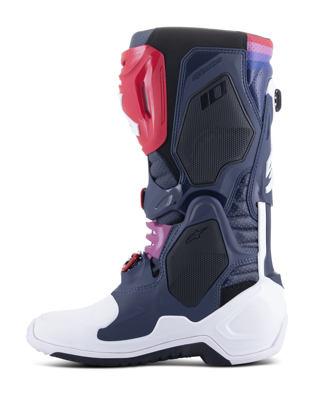 Alpinestars Tech 10 Supervented Stiefel, Motocross-Stiefel, Night Navy White Rainbow, Seitenprofil-Ansicht mit belüfteten Mesh-Einsätzen, weißer Schutzschale und farbenfrohen Akzenten, Hochleistungs-Offroad-Fußbekleidung