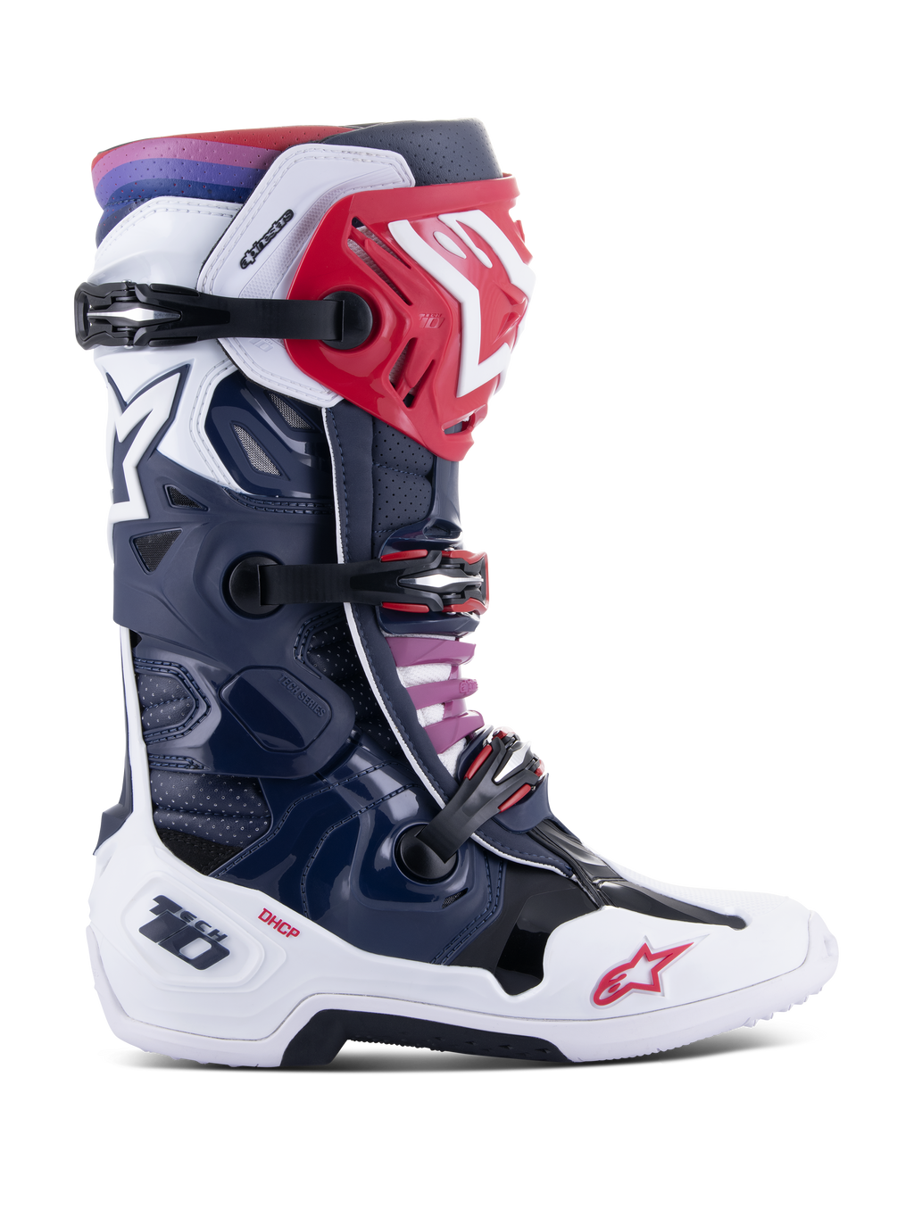 Alpinestars Tech 10 Supervented Stiefel, Motocross-Rennstiefel, Night Navy White Rainbow Design, Seitenansicht, dunkelblaue und weiße Schale mit roten Akzenten, schwarze Schnallen, lila-roter Farbverlauf am oberen Rand, hochleistungsfähige belüftete Konstruktion für Offroad-Rennsport