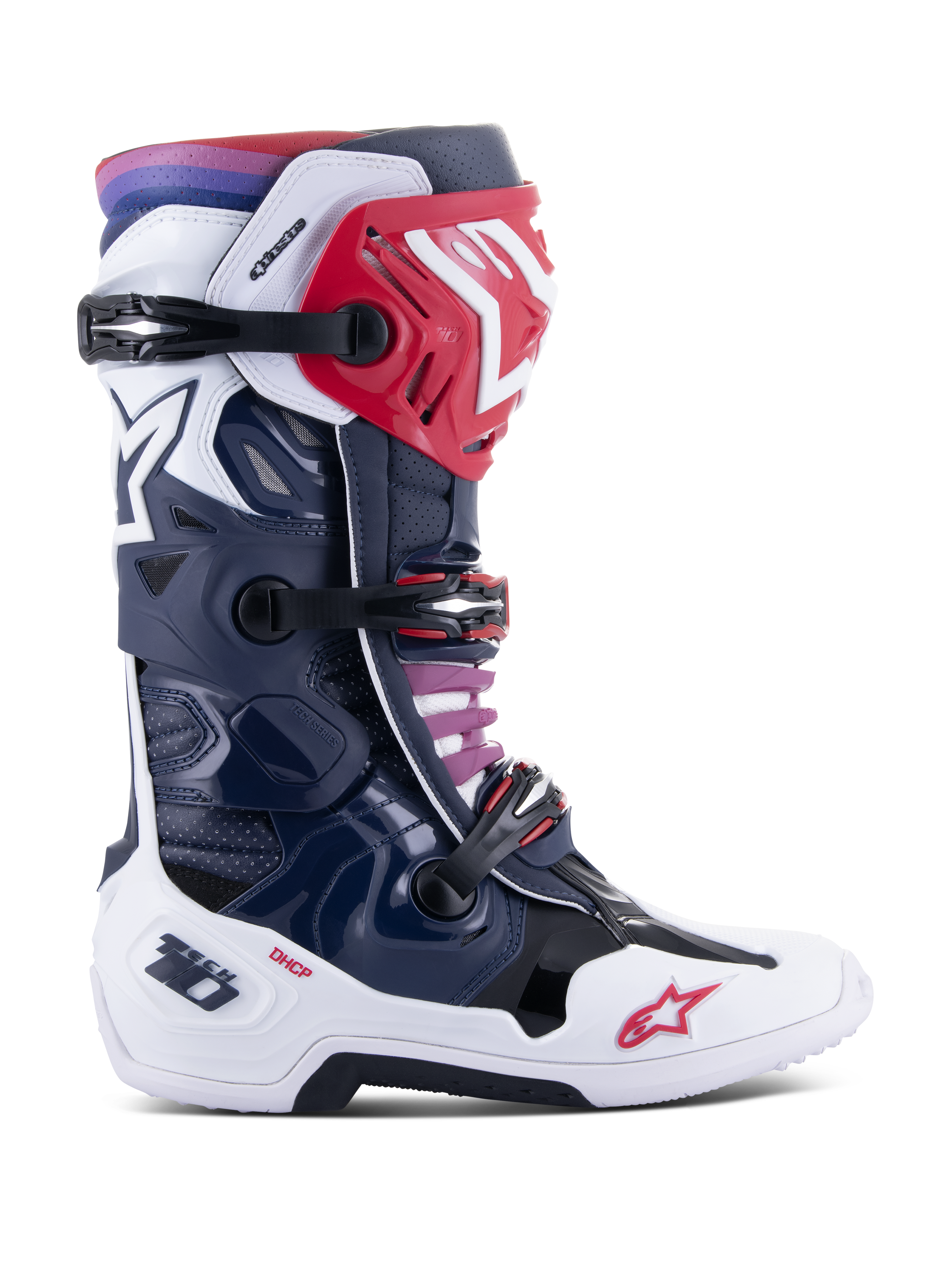 Alpinestars Tech 10 Supervented Stiefel, Motocross-Rennstiefel, Night Navy White Rainbow Design, Seitenansicht, dunkelblaue und weiße Schale mit roten Akzenten, schwarze Schnallen, lila-roter Farbverlauf am oberen Rand, hochleistungsfähige belüftete Konstruktion für Offroad-Rennsport