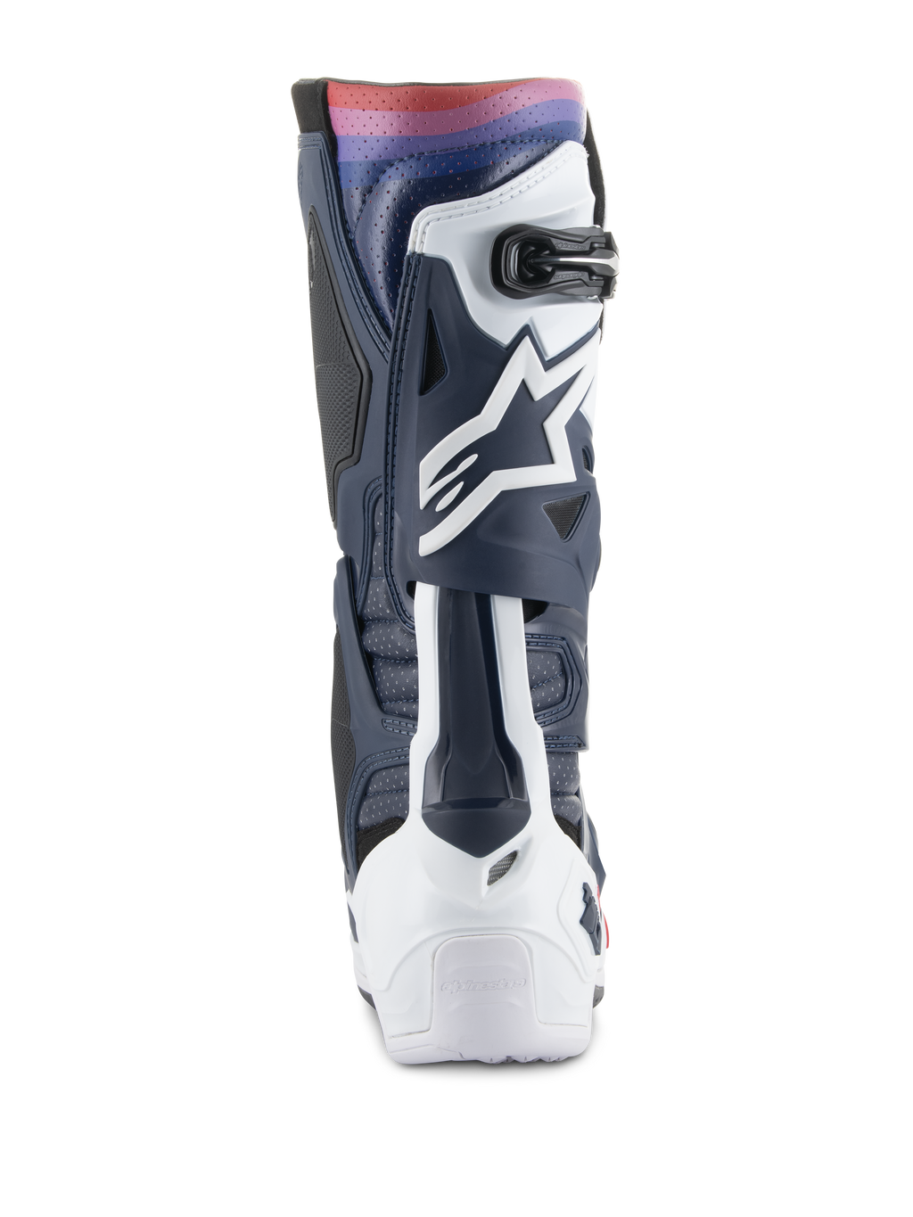 Alpinestars Tech 10 Supervented Stiefel, Motocross-Stiefel, Night Navy White Rainbow, Rückansicht mit der navy-weißen TPU-Struktur und einem lebendigen Regenbogen-Farbverlauf am oberen Rand, weißes Astars-Logo, belüftete Einsätze für Offroad-Performance.