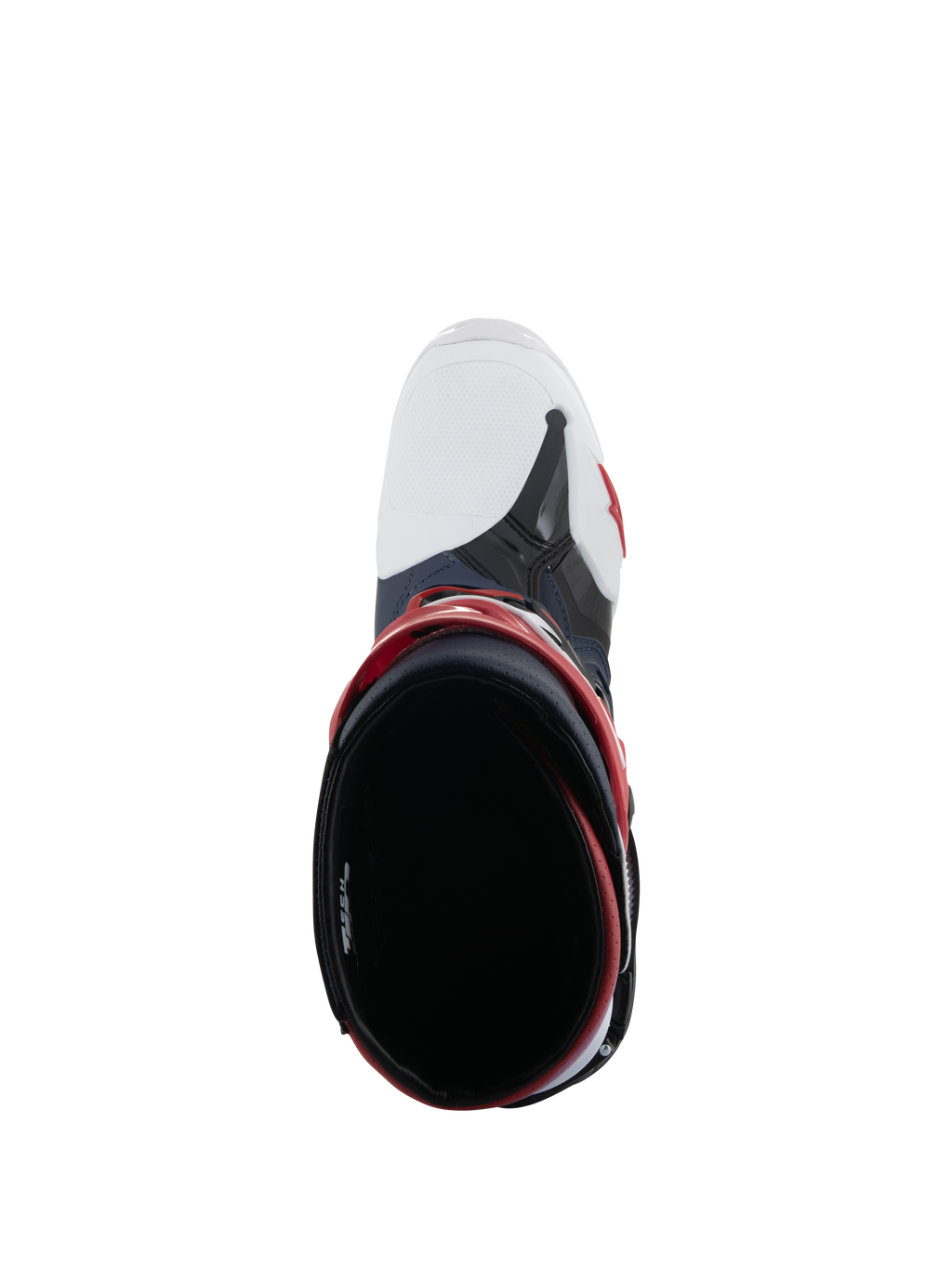 Alpinestars Tech 10 Supervented Stiefel, Draufsicht mit Blick in die Stiefelöffnung, Night Navy White Rainbow, mit weißer belüfteter Zehenkappe und roten Akzenten, Hochleistungs-Motocross-Schuhwerk für maximale Luftzirkulation.