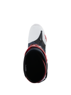 Alpinestars Tech 10 Supervented Stiefel, Draufsicht mit Blick in die Stiefelöffnung, Night Navy White Rainbow, mit weißer belüfteter Zehenkappe und roten Akzenten, Hochleistungs-Motocross-Schuhwerk für maximale Luftzirkulation.
