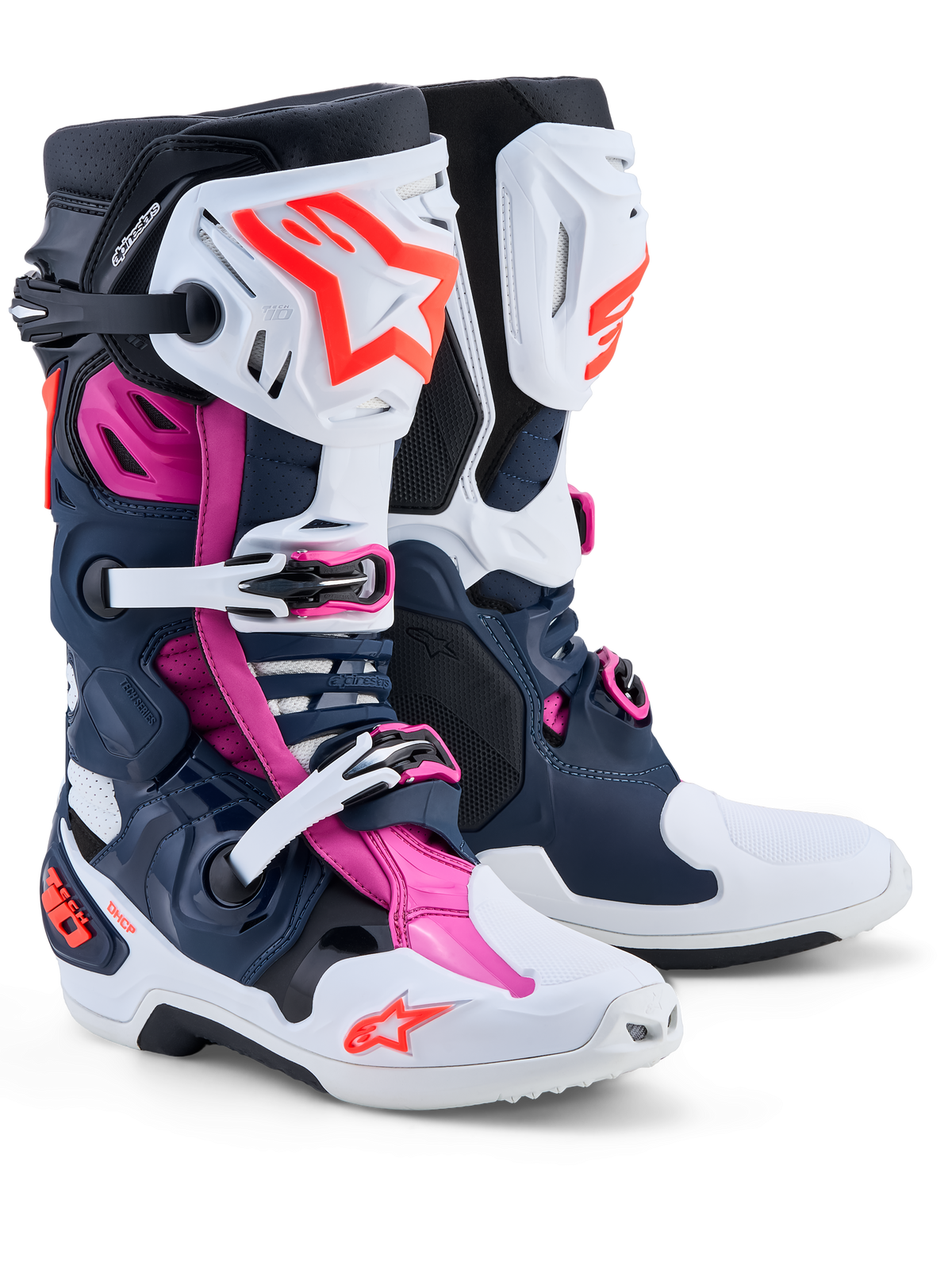 Alpinestars Tech-10 Supervented Herren-Motocrossstiefel, Dunkelblau, Weiß und Fuchsia, mit belüfteten TPU-Schalen für maximale Luftzirkulation beim Offroad-Einsatz.