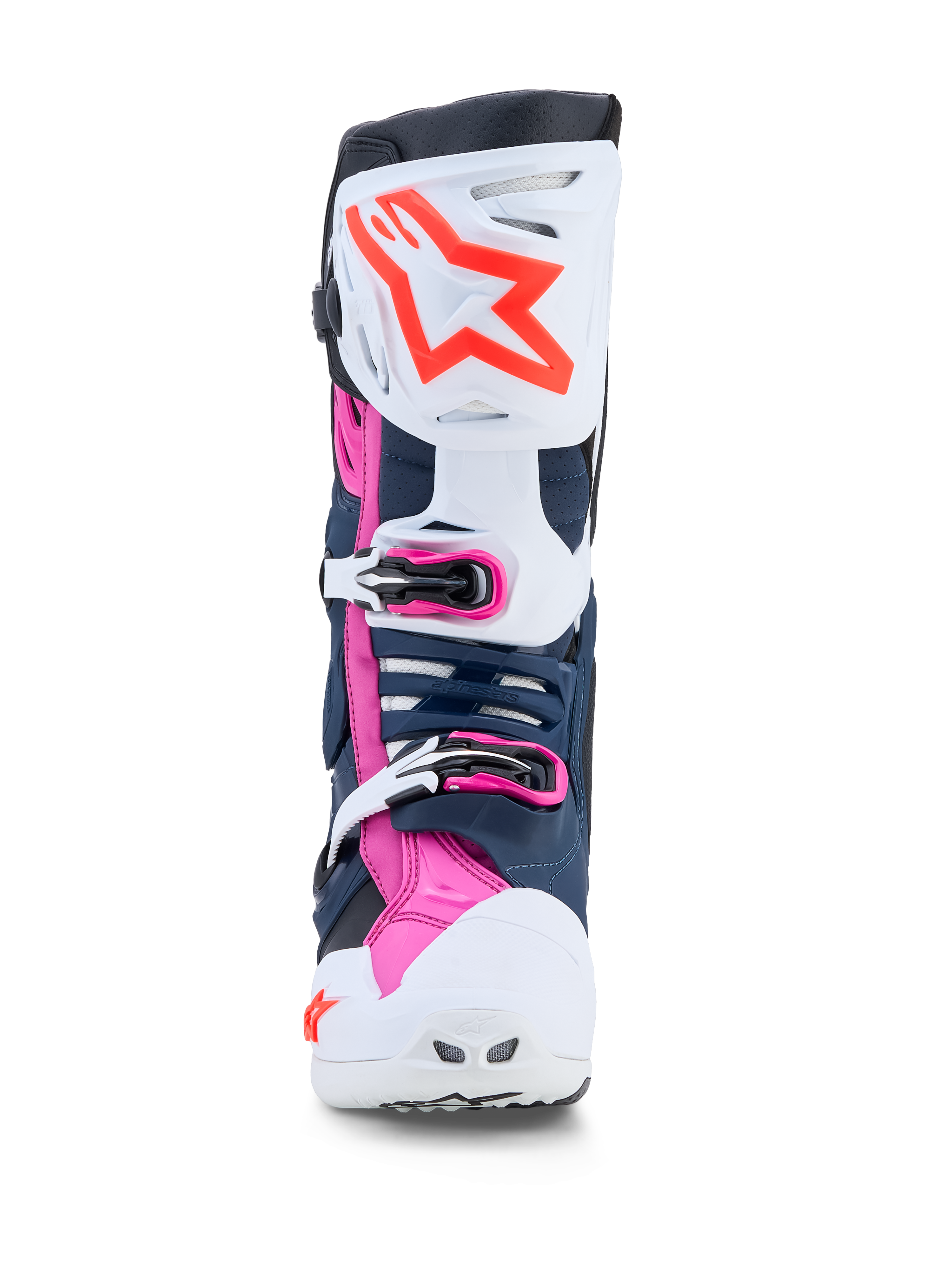 Alpinestars Tech-10 Supervented MX boots in white, dark blue, and fuchsia, with ventilated TPU panels for off-road racing.