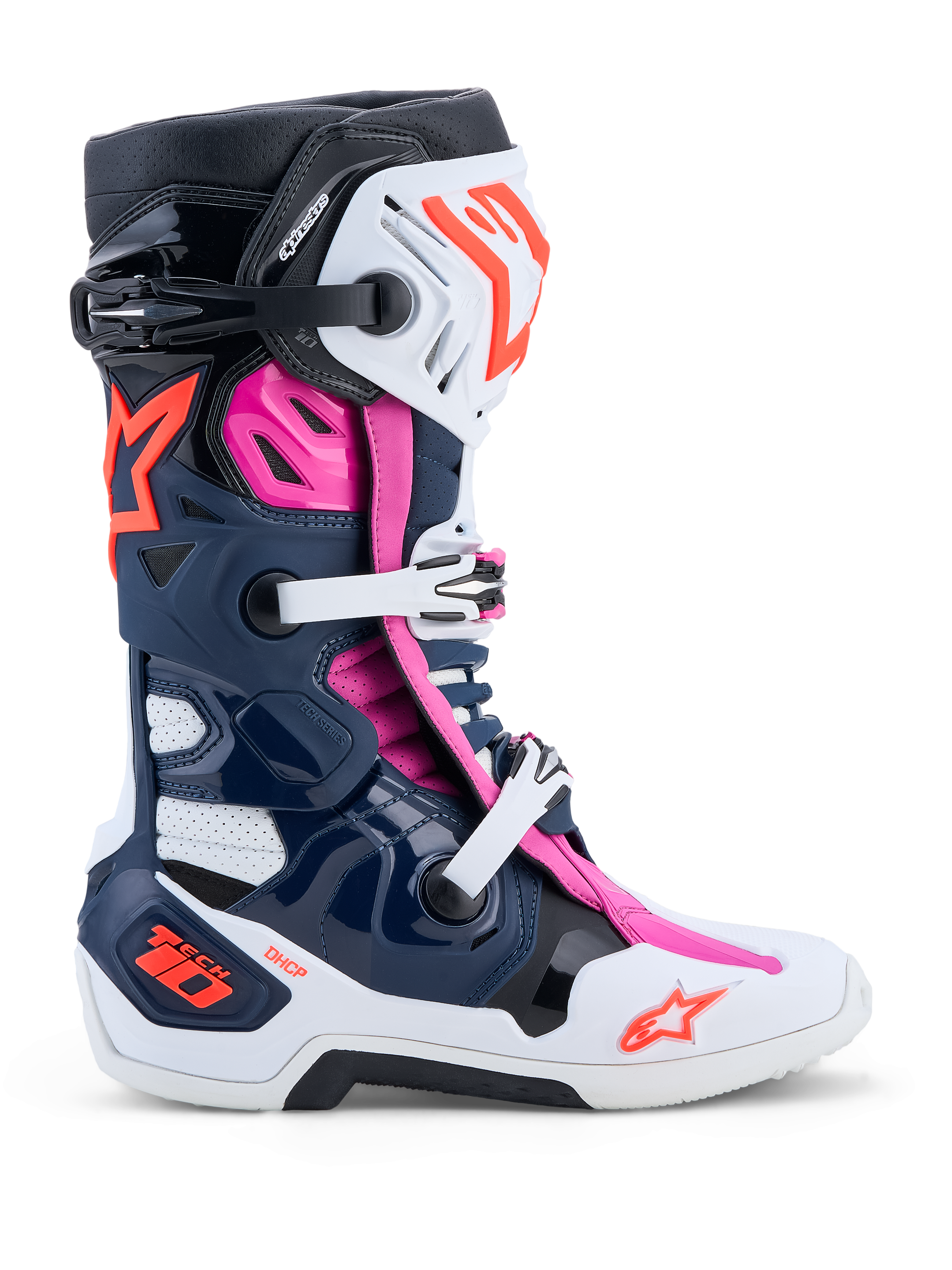 Alpinestars Tech-10 Supervented Stiefel, Motocross-Stiefel für Herren, Dunkelblau, Weiß und Fuchsia, fortschrittliche Belüftung.