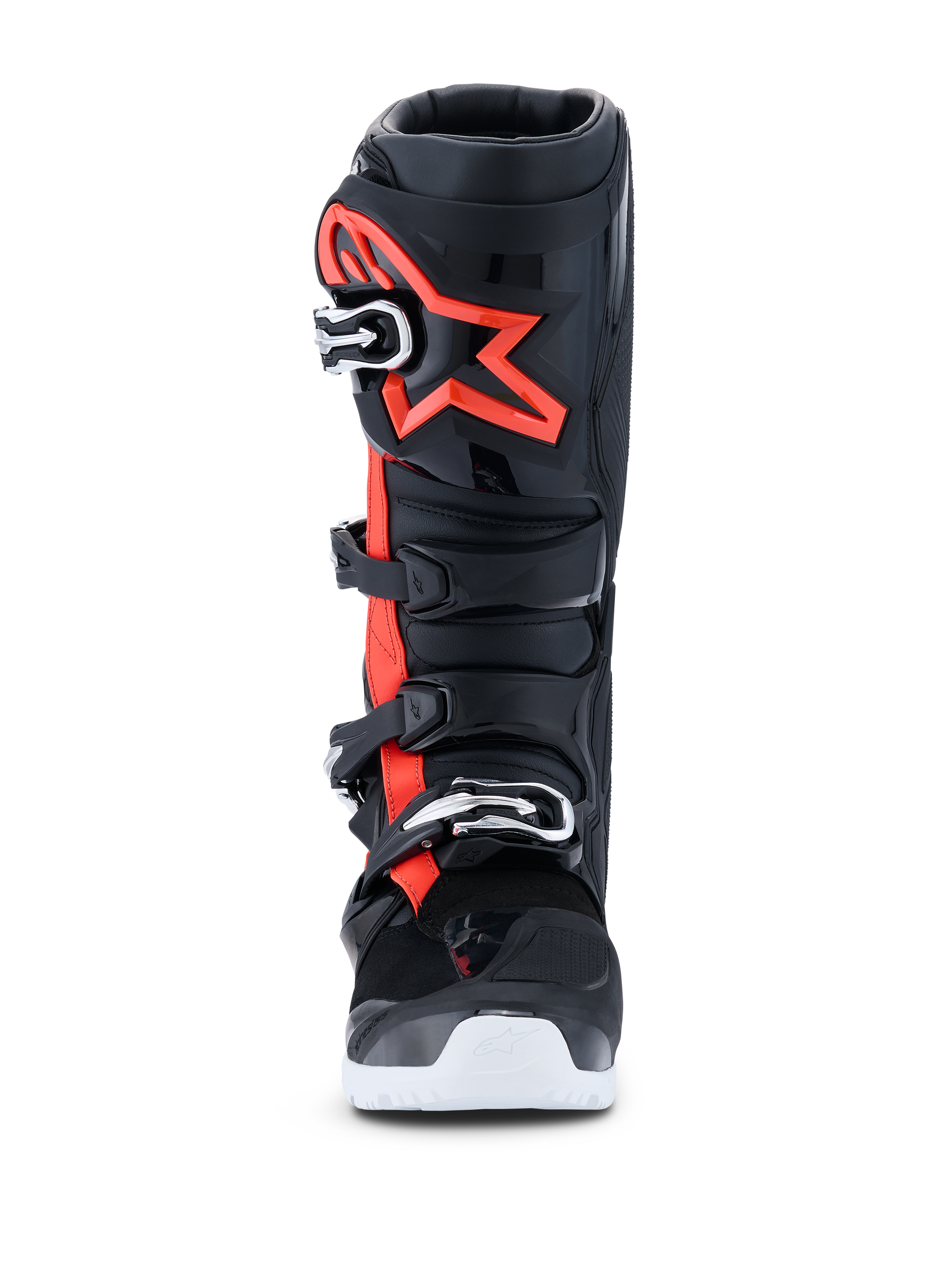Alpinestars 2026 Tech 7 Enduro Drystar® Boots, Motocross and Enduro Boots, Black Red Fluo and White, front view, featuring a four-buckle closure system, reinforced TPU shin plate with a large red Alpinestars logo, and white outsole, engineered for waterproof off-road performance.