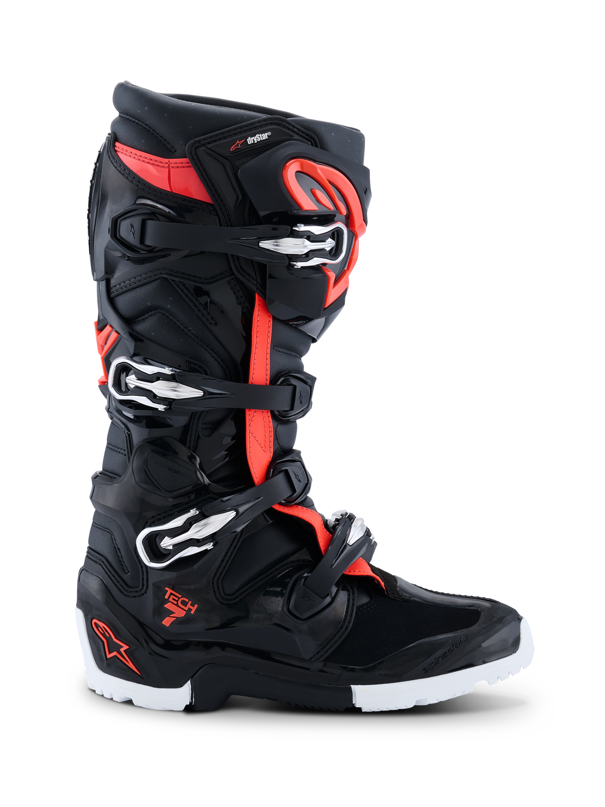 Alpinestars 2026 Tech 7 Enduro Drystar® Stiefel, Motocross- und Enduro-Schuhe, Schwarz, Fluo-Rot und Weiß, Seitenprofil mit vier silbernen und schwarzen Schnallen, TPU-verstärkte Schale, robuste enduro-spezifische weiß-schwarze Sohle, mit Drystar-Branding und Tech 7-Logo