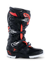 Alpinestars 2026 Tech 7 Enduro Drystar® Boots, Motocross and Enduro footwear, Black Red Fluo and White, side profile showing four silver and black buckles, TPU reinforced shell, and rugged enduro-specific white and black sole, featuring Drystar branding and Tech 7 logo