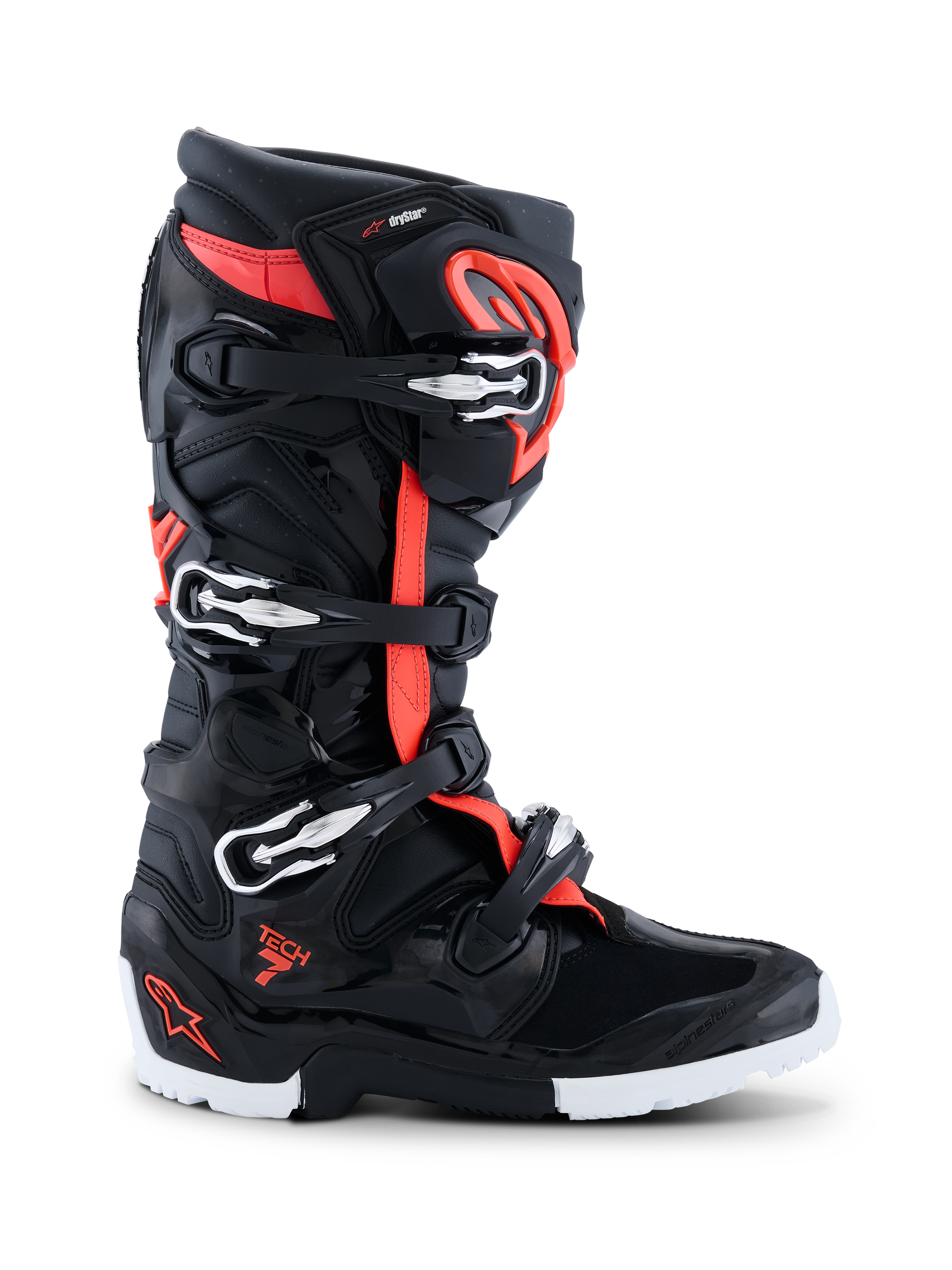 Alpinestars 2026 Tech 7 Enduro Drystar® Boots, Motocross and Enduro footwear, Black Red Fluo and White, side profile showing four silver and black buckles, TPU reinforced shell, and rugged enduro-specific white and black sole, featuring Drystar branding and Tech 7 logo