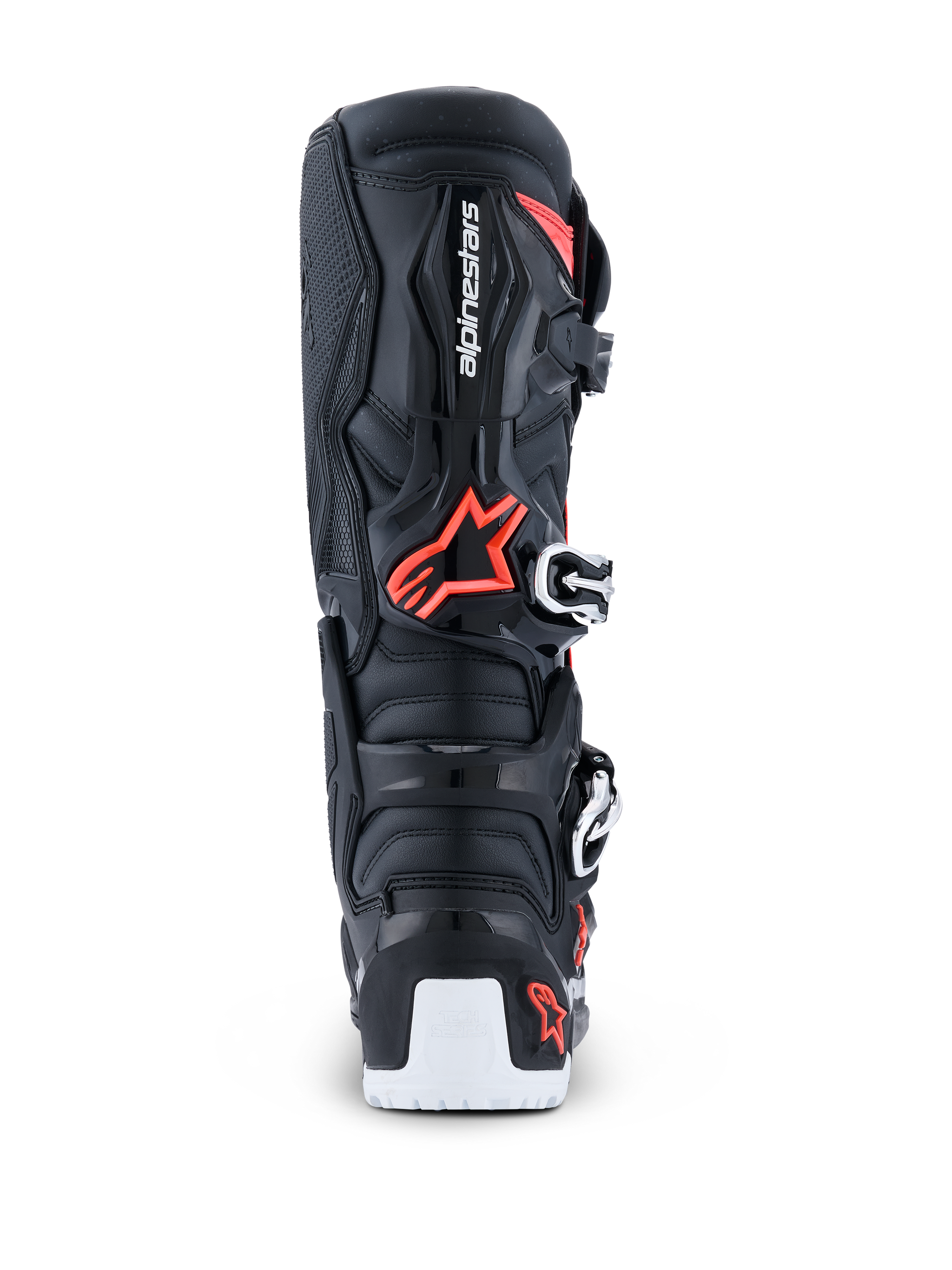 Alpinestars 2026 Tech 7 Enduro Drystar® Boots, Enduro Motocross Boots, Black Red Fluo and White, rear view highlighting the TPU protective shell, Alpinestars logo, biomechanical pivot area, and white lower sole reinforcement.