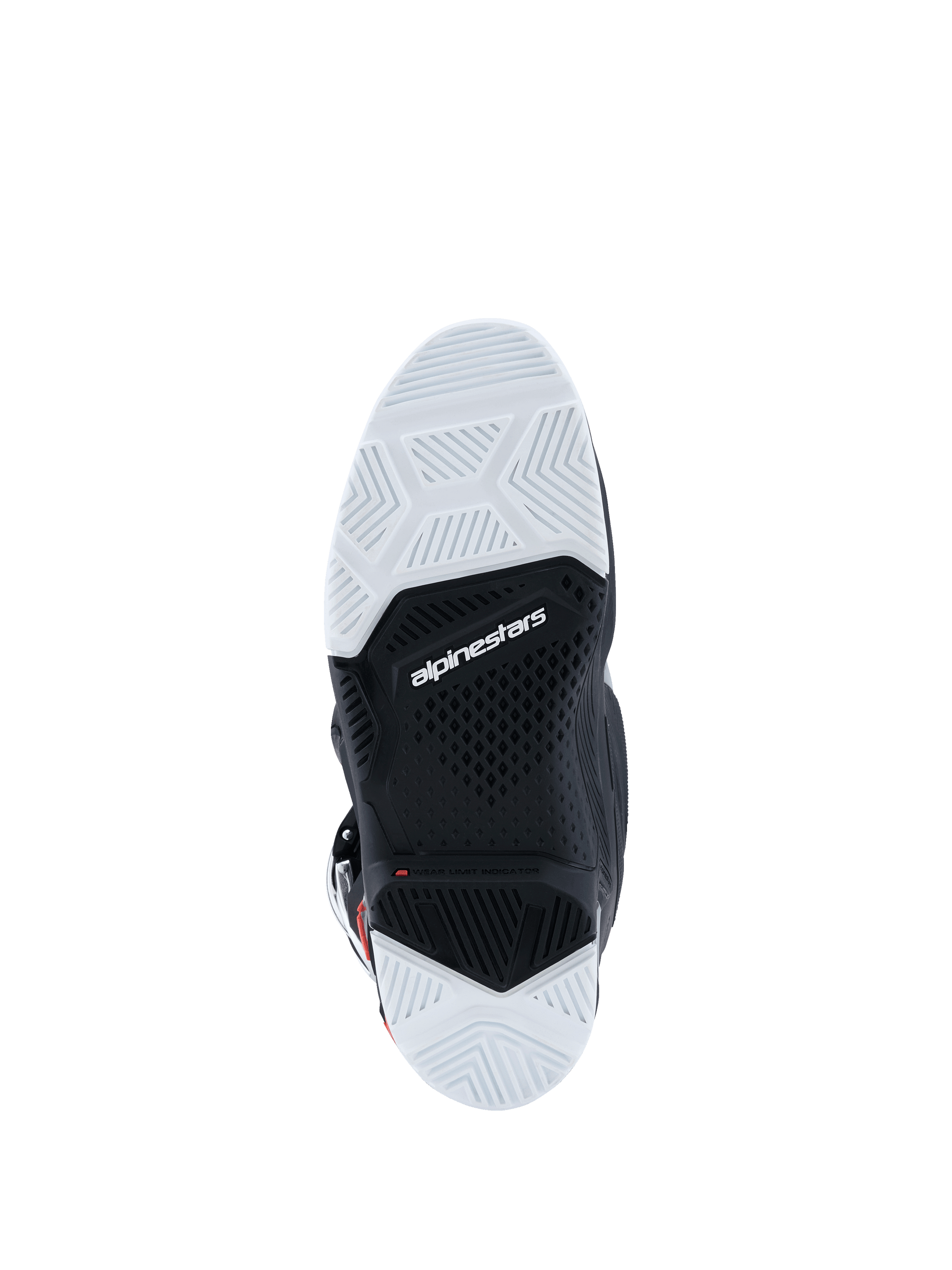 Alpinestars 2026 Tech 7 Enduro Drystar® Boots, bottom sole view, black and white double-density rubber compound, textured geometric grip patterns, Alpinestars logo and wear limit indicator, designed for off-road and enduro traction
