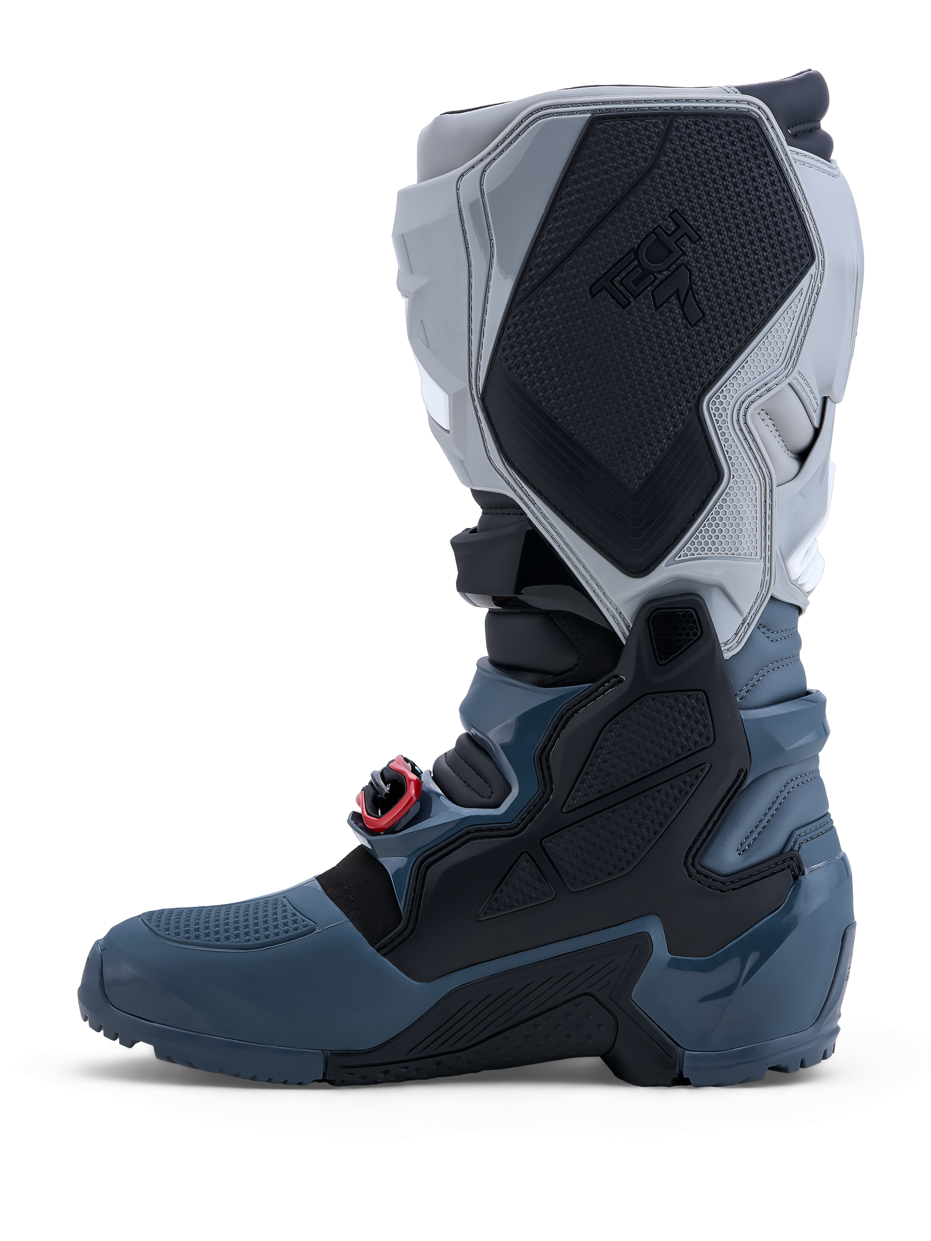 Alpinestars Tech 7 Enduro Drystar Stiefel, wasserdichte Offroad-Motorradstiefel in Grau mit rotem Schnallenakzent.