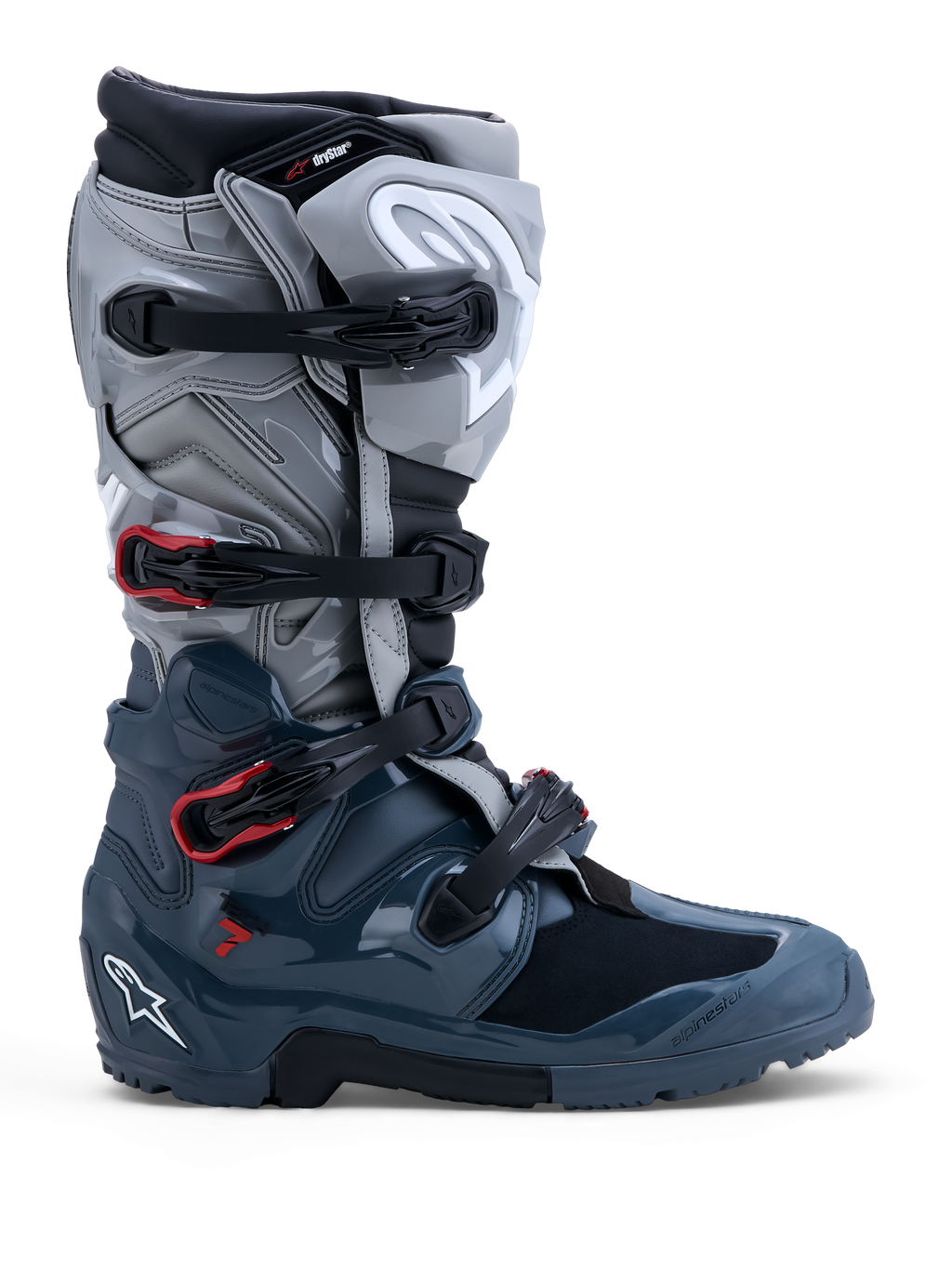 Alpinestars Tech 7 Enduro Drystar® Stiefel, wasserdichte Herren-Offroad-Motorradstiefel, Dunkelgrau, Grau und rote Akzente.