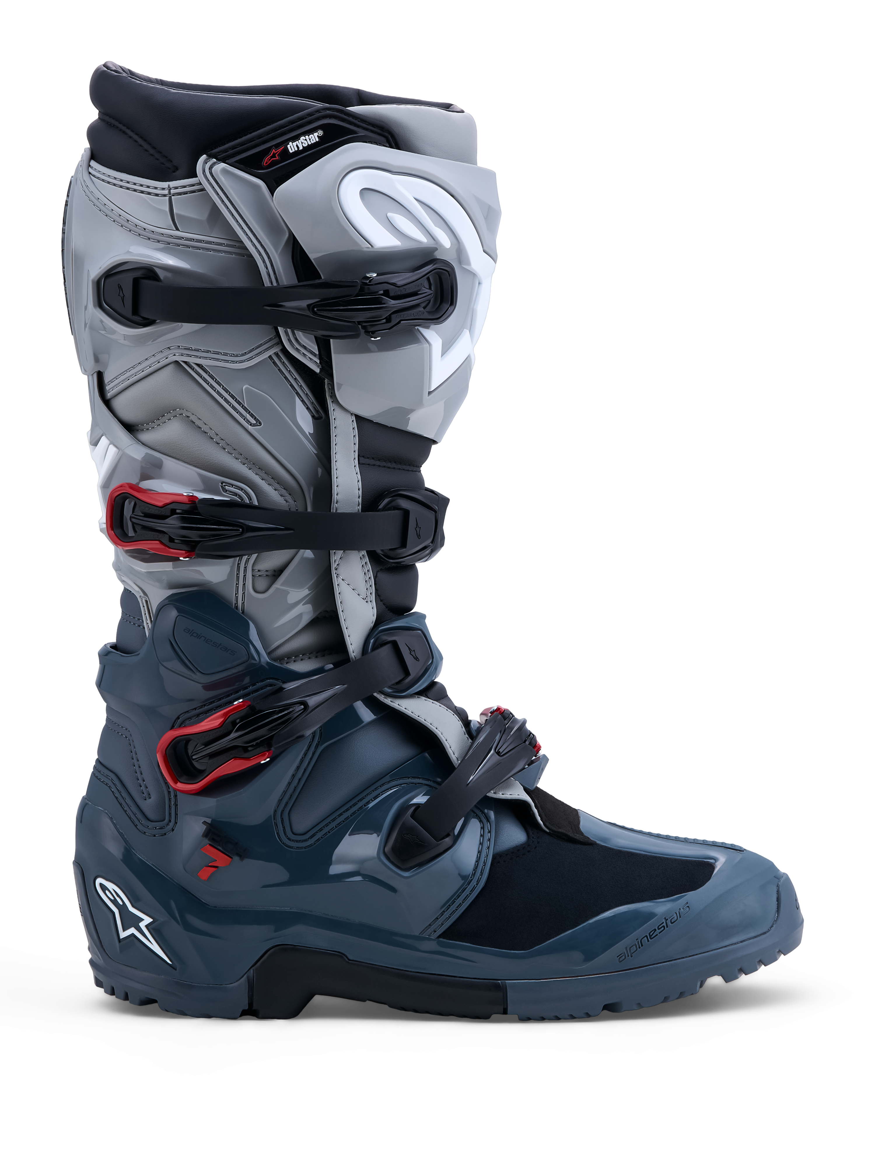 Alpinestars Tech 7 Enduro Drystar® Stiefel, wasserdichte Herren-Offroad-Motorradstiefel, Dunkelgrau, Grau und rote Akzente.