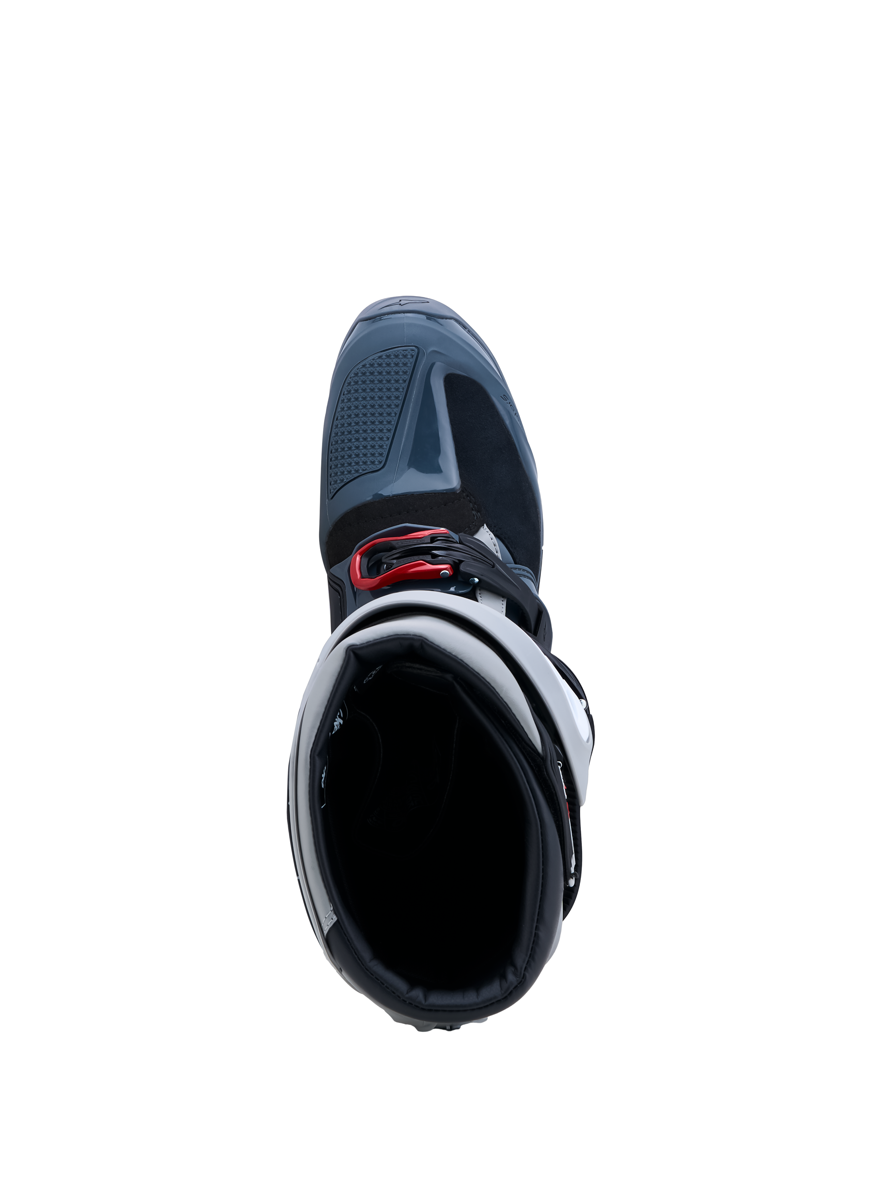 Alpinestars Tech 7 Enduro Drystar Stiefel, wasserdichte Offroad-Motorradstiefel in Grau und Rot, CE-zertifiziert, Draufsicht mit Blick in die Stiefelöffnung.