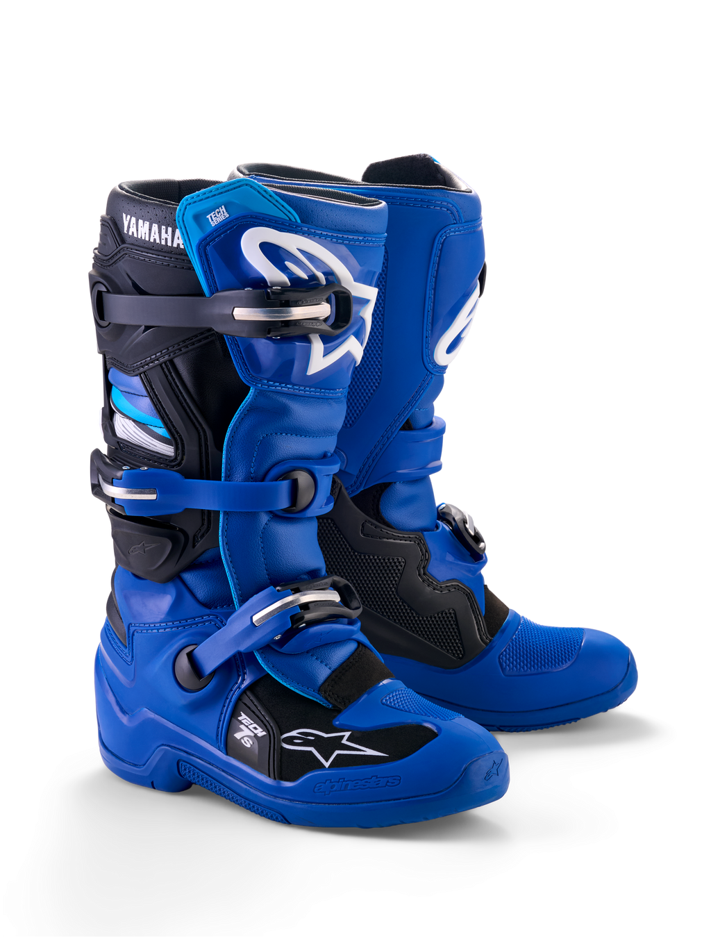 Alpinestars Yamaha Youth Tech 7S Stiefel, Motocross-Stiefel, Blau, Schwarz und Weiß, mit einem Multi-Schnallen-Verschlusssystem, TPU-Schutzschale und weißen Alpinestars-Logos sowie Yamaha-Branding am Schaft
