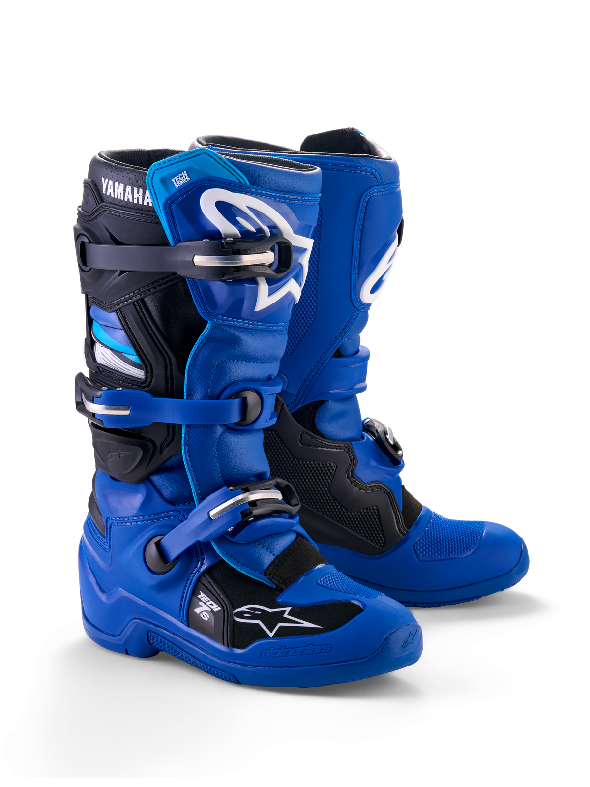Alpinestars Yamaha Youth Tech 7S Stiefel, Motocross-Stiefel, Blau, Schwarz und Weiß, mit einem Multi-Schnallen-Verschlusssystem, TPU-Schutzschale und weißen Alpinestars-Logos sowie Yamaha-Branding am Schaft