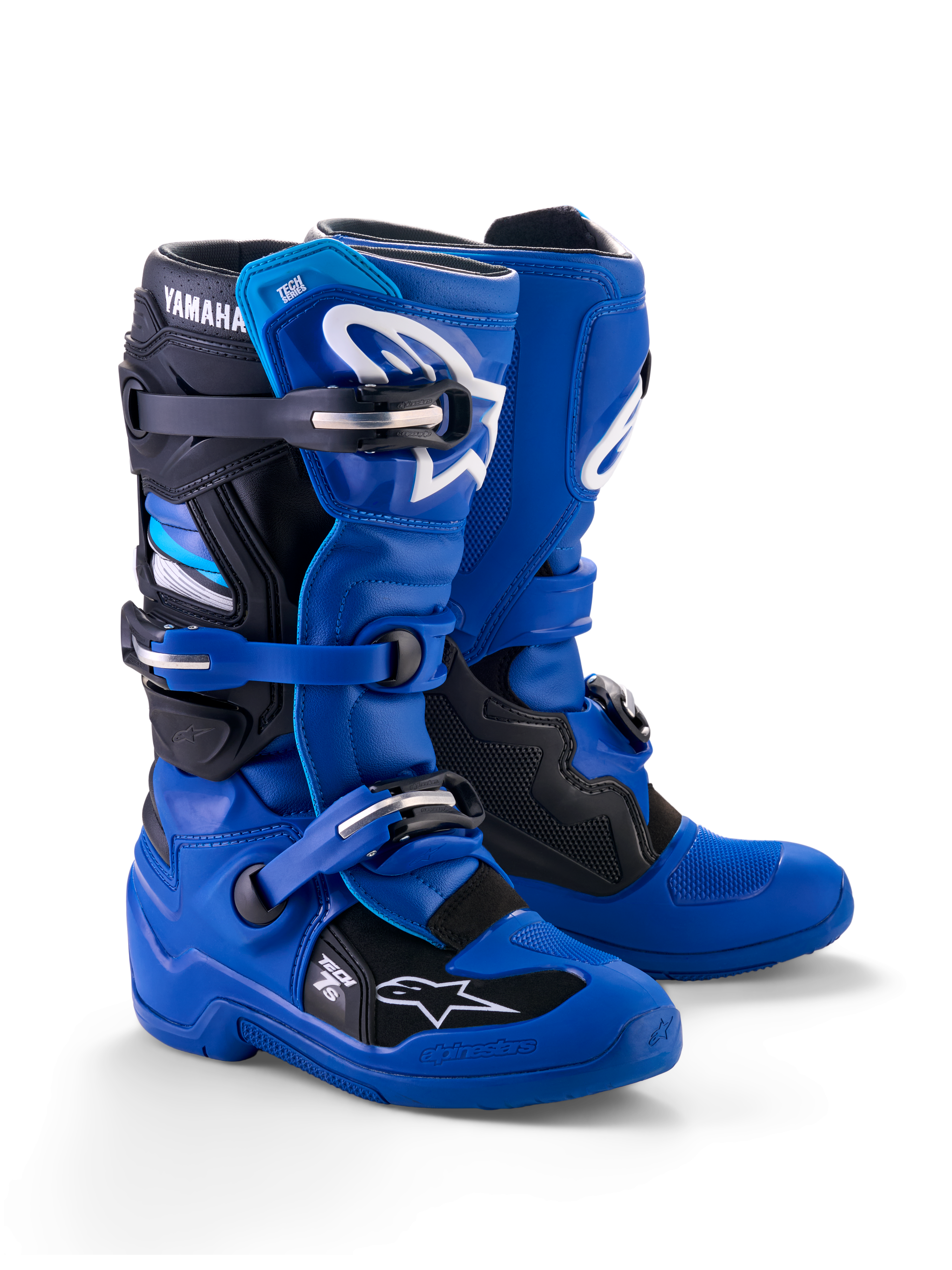 Alpinestars Yamaha Youth Tech 7S Stiefel, Motocross-Stiefel, Blau, Schwarz und Weiß, mit einem Multi-Schnallen-Verschlusssystem, TPU-Schutzschale und weißen Alpinestars-Logos sowie Yamaha-Branding am Schaft