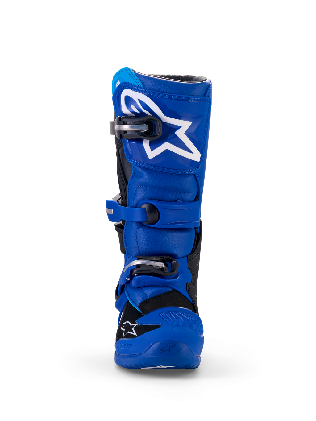 Alpinestars Yamaha Youth Tech 7S Stiefel, Motocross-Stiefel, Blau, Schwarz und Weiß, Frontansicht mit TPU-Schienbeinplatte und weißem Stern-Logo, verstellbares Schnallensystem und strapazierfähige Offroad-Schutzkonstruktion